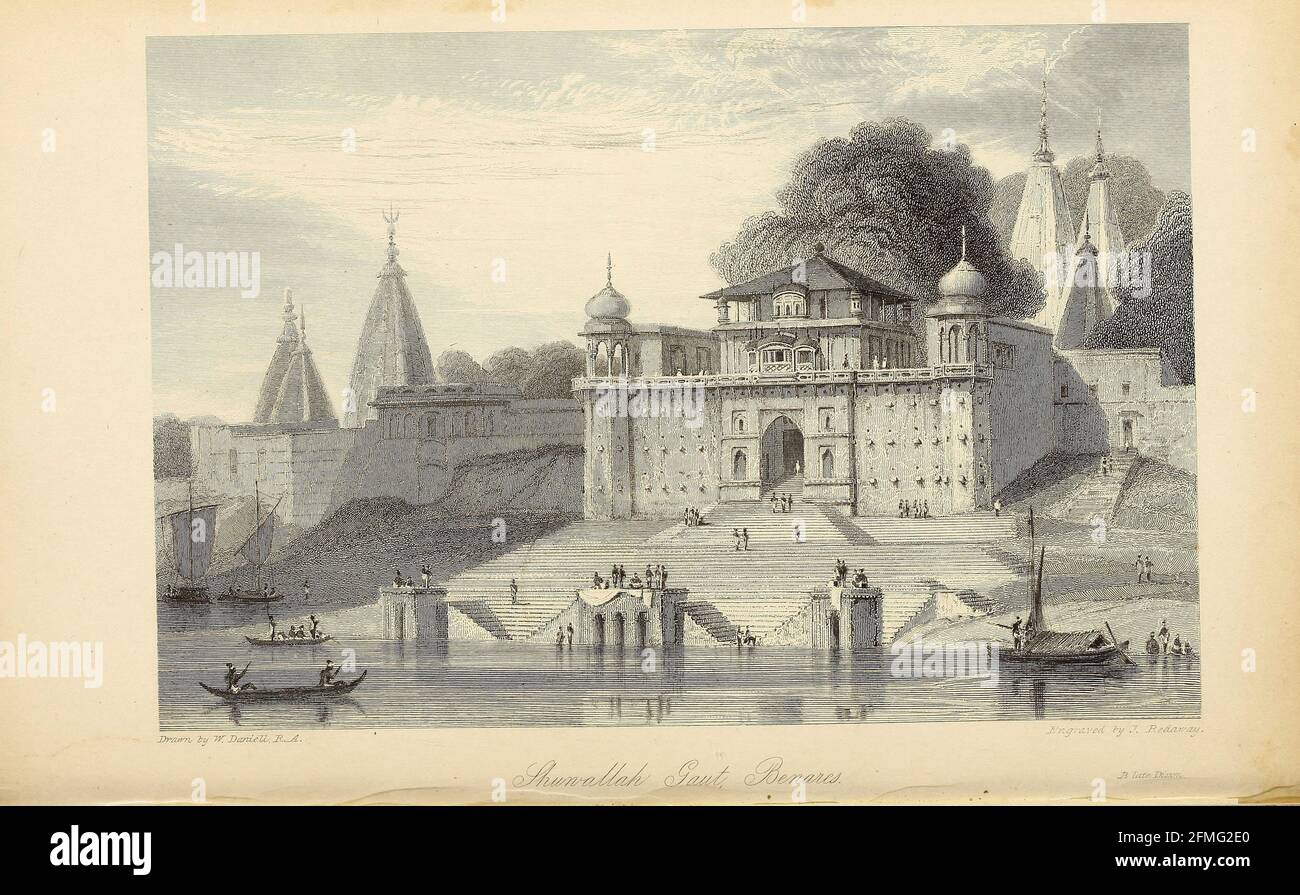Shuwallah Gaut At Benares [Varanas on the banks of the river Ganges in Uttar Pradesh, India] From the book ' The Oriental annual, or, Scenes in India ' by the Rev. Hobart Caunter Published by Edward Bull, London 1834 engravings from drawings by William Daniell Stock Photo