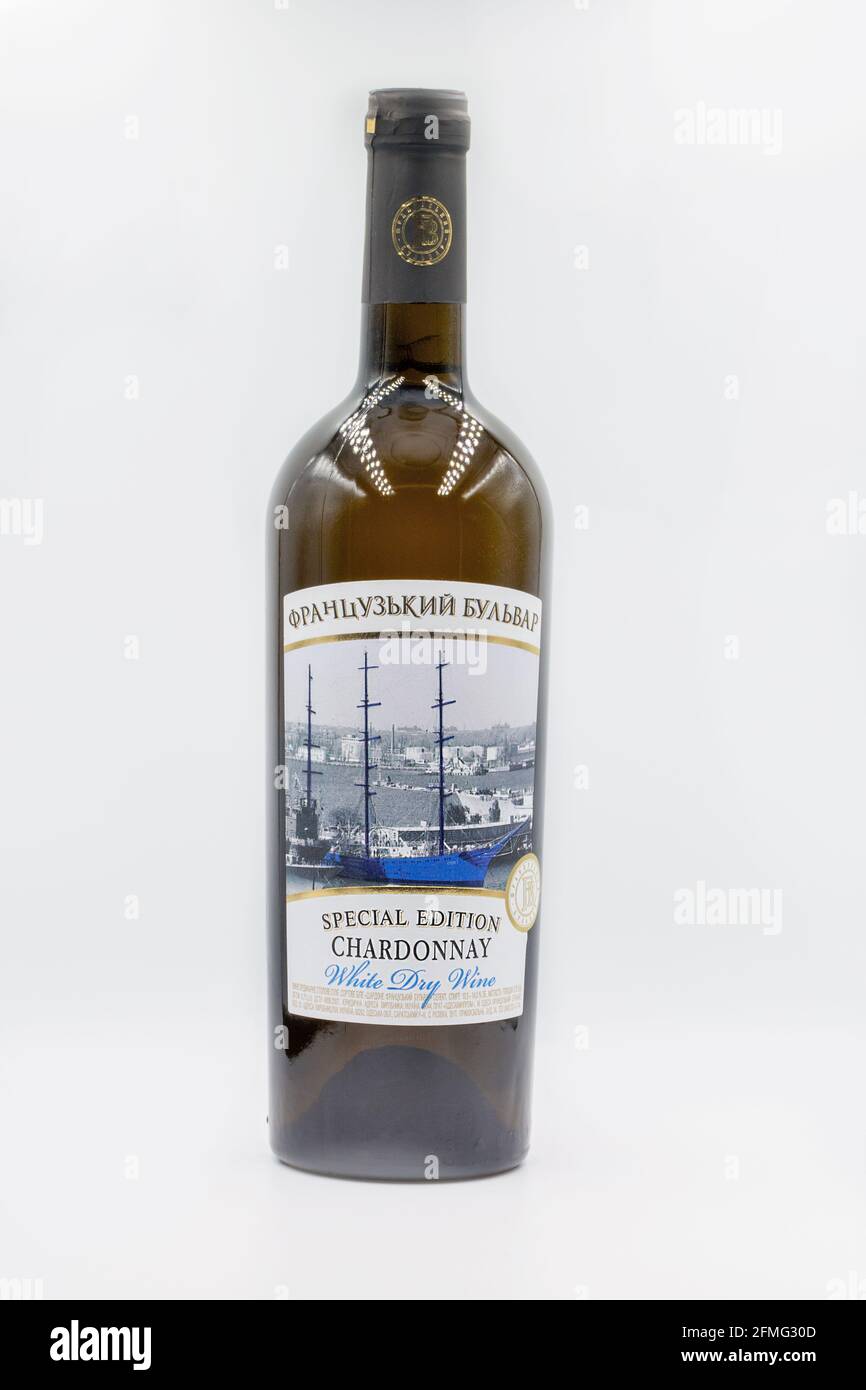 KYIV, UKRAINE - MARCH 27, 2021: French Boulevard Chardonnay Special Edition white dry wine bottle closeup. It is the trademark of wines, sparkling win Stock Photo