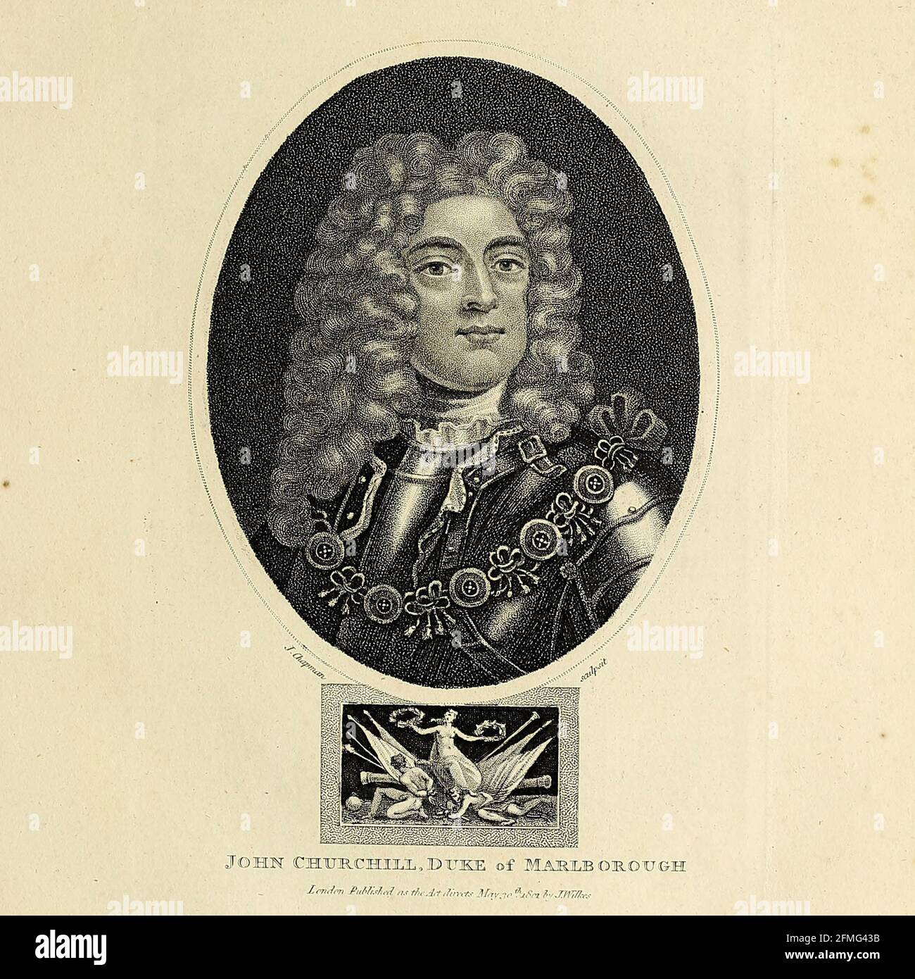 John Churchill, Duke of Marlborough [General John Churchill, 1st Duke of Marlborough, 1st Prince of Mindelheim, 1st Count of Nellenburg, Prince of the Holy Roman Empire, KG, PC (26 May 1650 – 16 June 1722 O.S.[a]) was an English soldier and statesman whose career spanned the reigns of five monarchs. From a gentry family, he served first as a page at the court of the House of Stuart under James, Duke of York, through the 1670s and early 1680s, earning military and political advancement through his courage and diplomatic skill]. Copperplate engraving From the Encyclopaedia Londinensis or, Univer Stock Photo