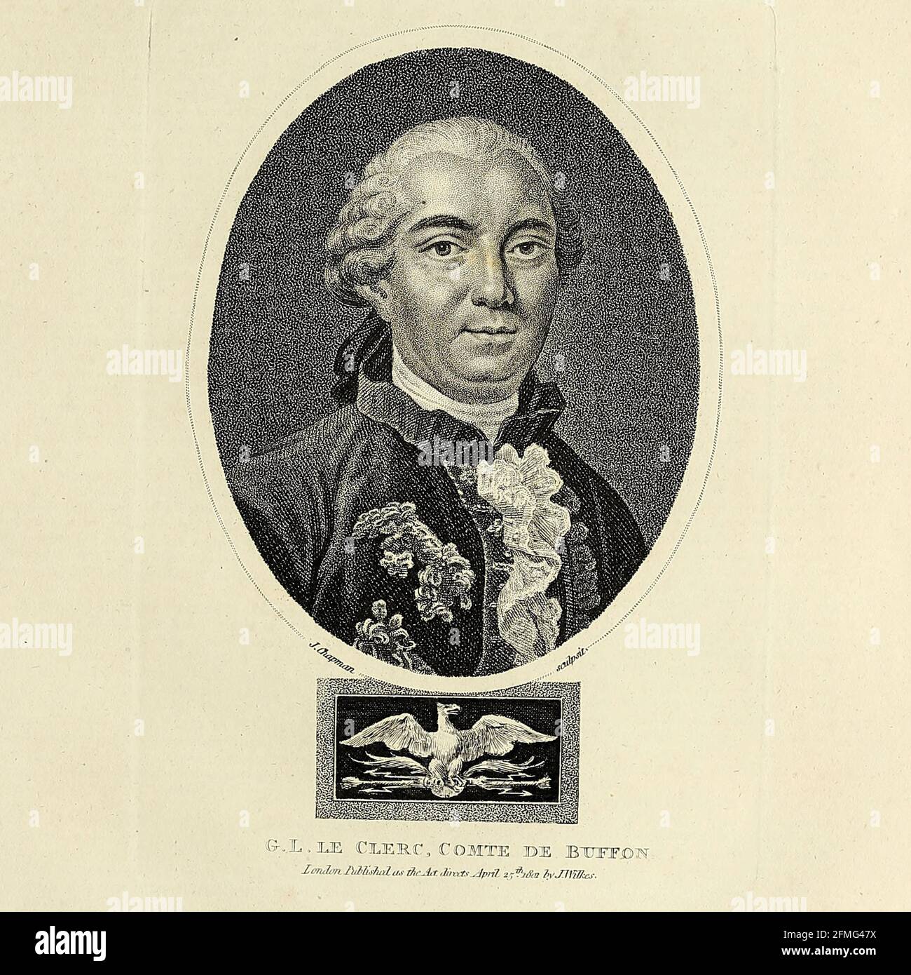 Georges-Louis Leclerc, Comte de Buffon (France 7 September 1707 – 16 April 1788) was a French naturalist, mathematician, cosmologist, and encyclopédiste. Copperplate engraving From the Encyclopaedia Londinensis or, Universal dictionary of arts, sciences, and literature; Volume IV;  Edited by Wilkes, John. Published in London in 1810 Stock Photo