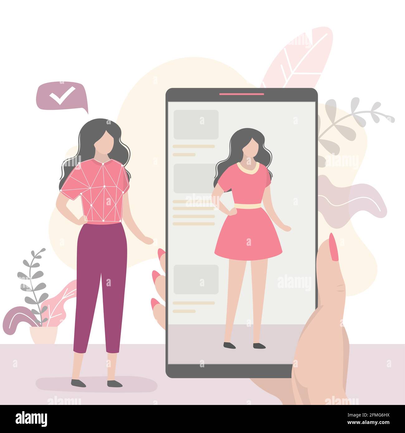 Hand holding modern smartphone. Female character trying on clothes in an online fitting shop. Online shopping, internet store. Banner with new fashion Stock Vector