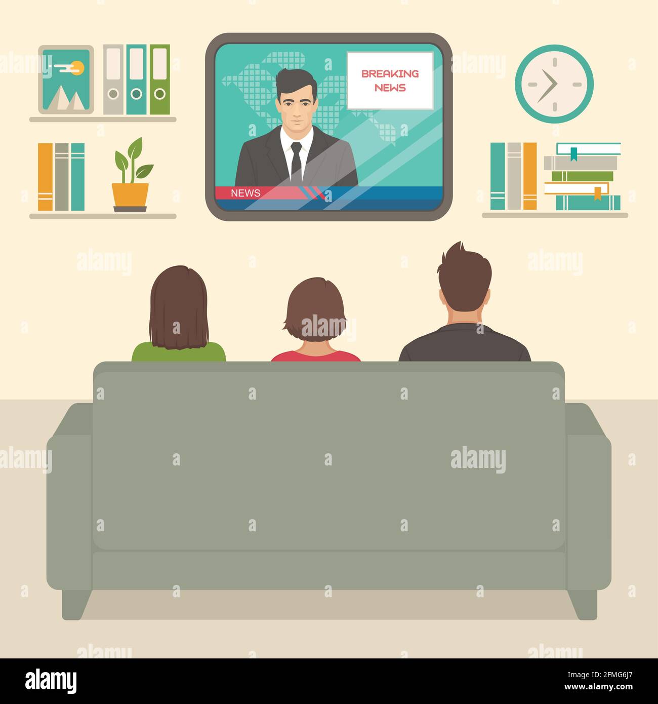 vector illustration of  family tv watching at home, people sitting on sofa watching television in room Stock Vector