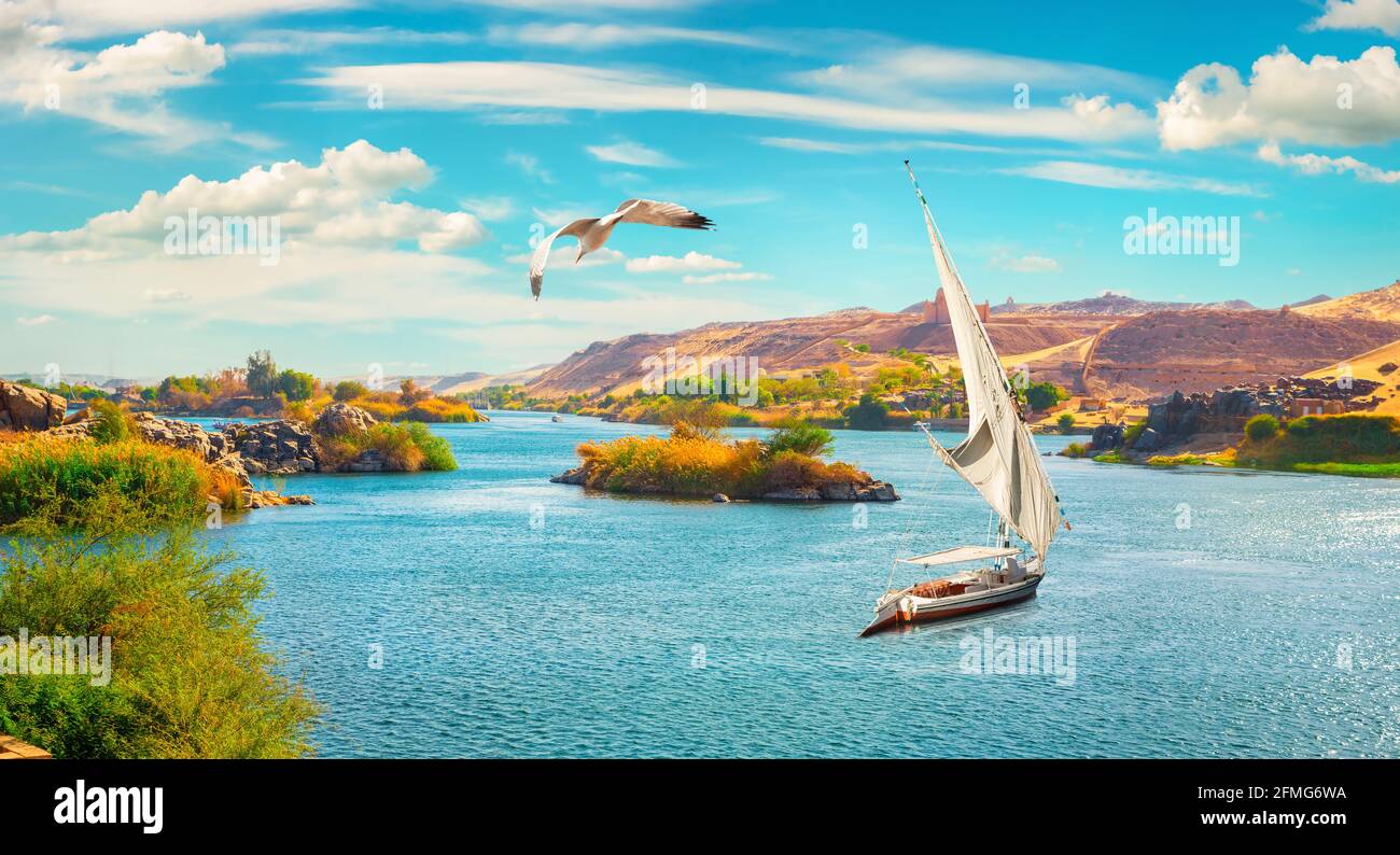 Travel on sailboat in Aswan at Nile river Stock Photo