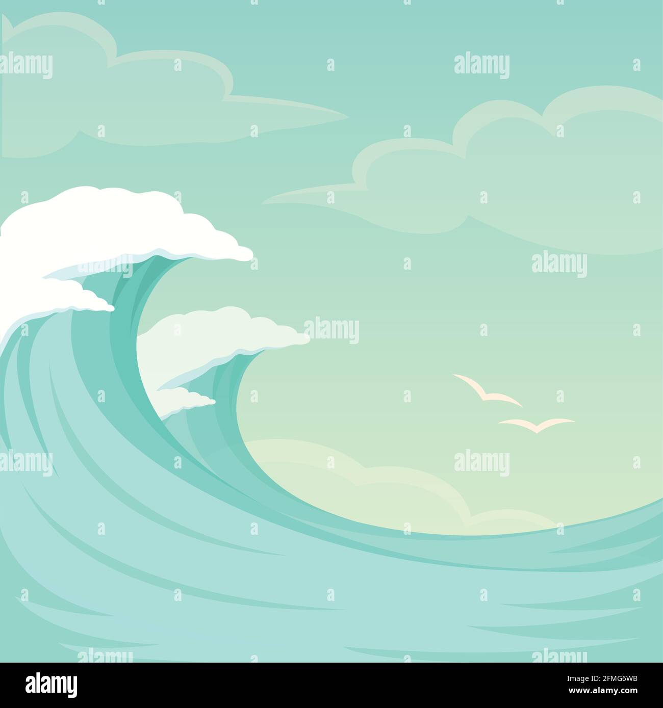 vector illustration of sea waves, ocean wave background, water and summer sky Stock Vector