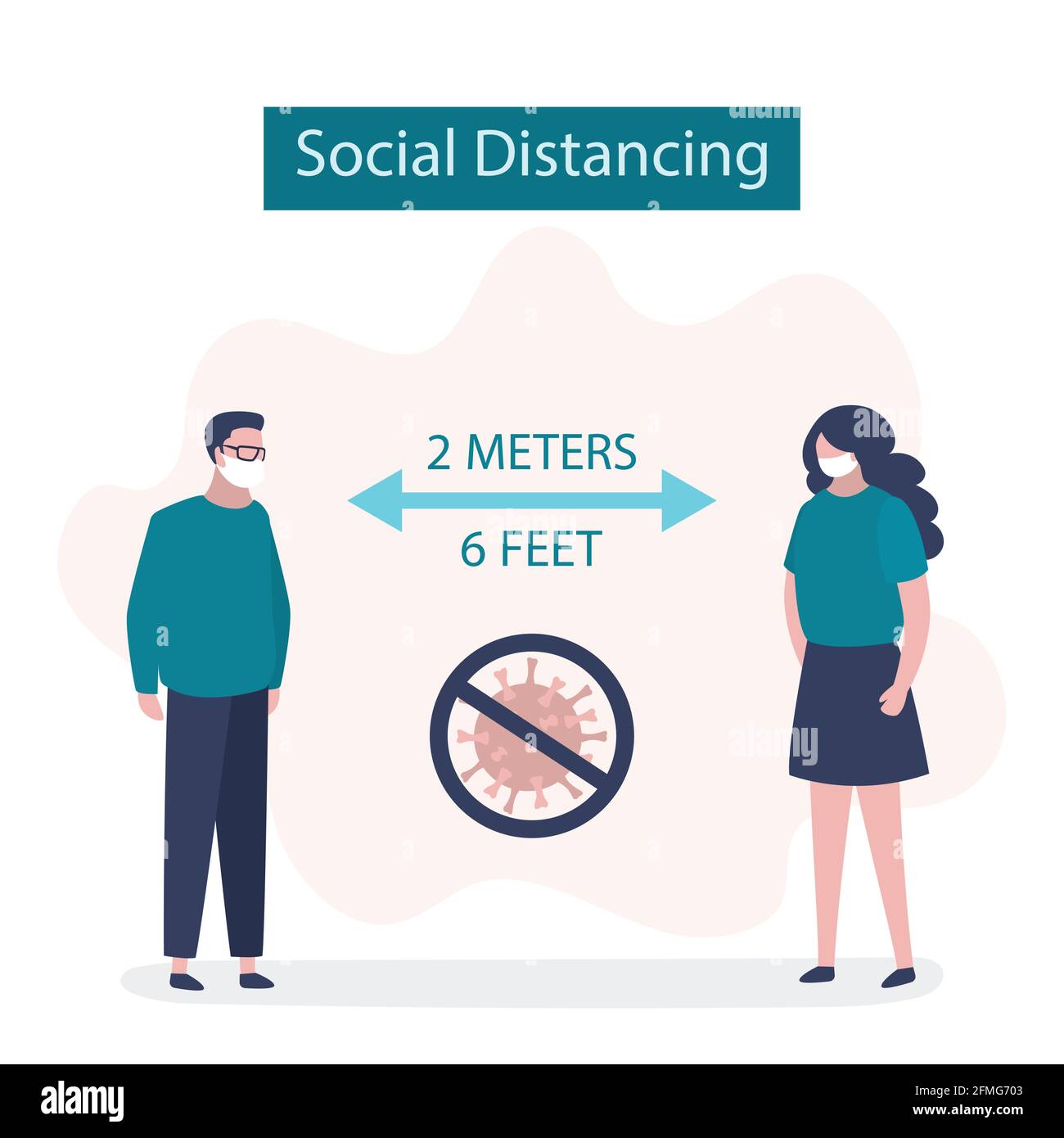 Social Distancing, two people keeping distance for infection risk and disease. 2 meters or 6 feet distance between humans.Covid-19 prevention banner. Stock Vector