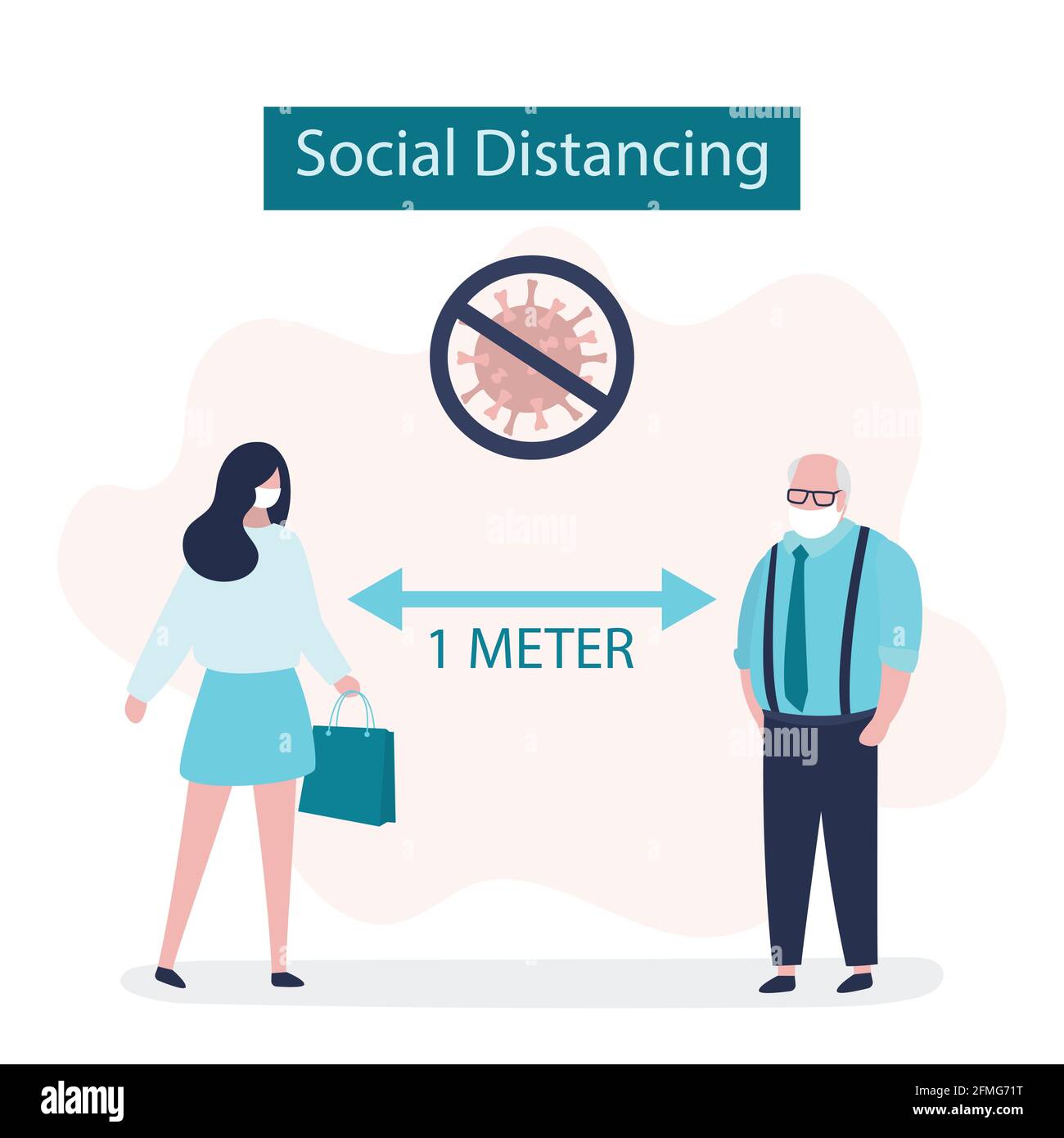Social Distancing, two people keeping distance for infection risk and disease. 1 meter distance between humans. Covid-19 prevention banner. Viral infe Stock Vector