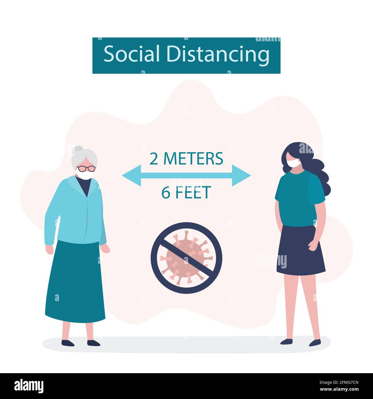 Social Distancing, two people keeping distance for infection risk and disease. 2 meters or 6 feet distance between humans. Covid-19 prevention banner. Stock Vector