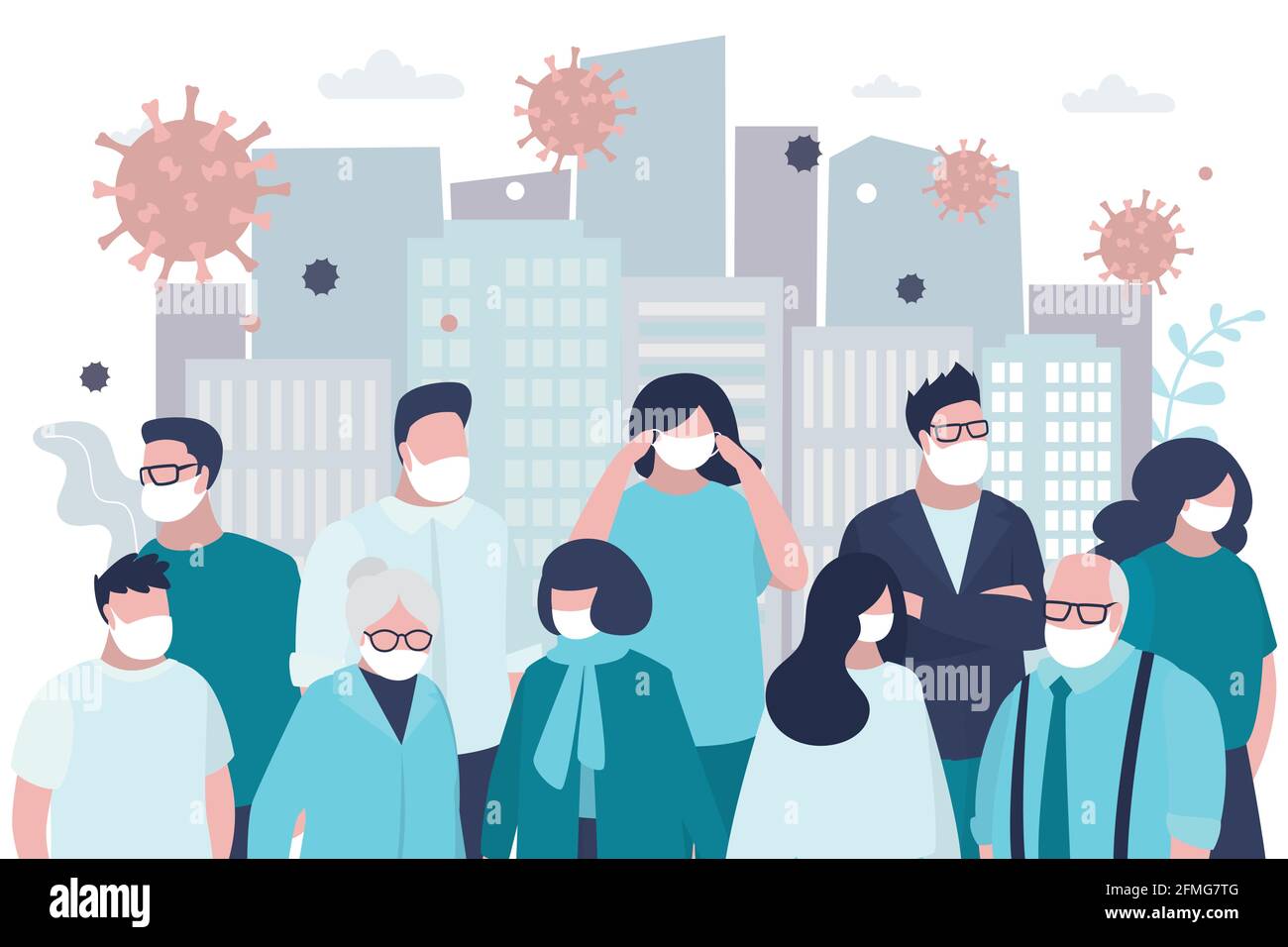 Group of people infected coronavirus, quarantine. Urban view, city life. Crowd of adults, banner template. Global epidemic virus covid-19. Human chara Stock Vector