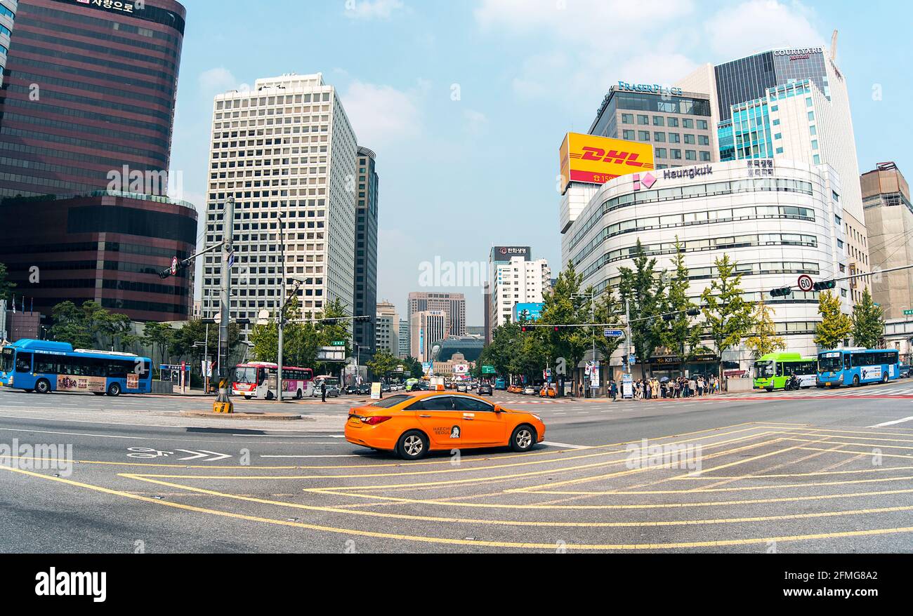 SEOUL - SEP 24: Modern part of Seoul city with road, cars and high tech office buildings, September 24. 2016 in South Korea Stock Photo