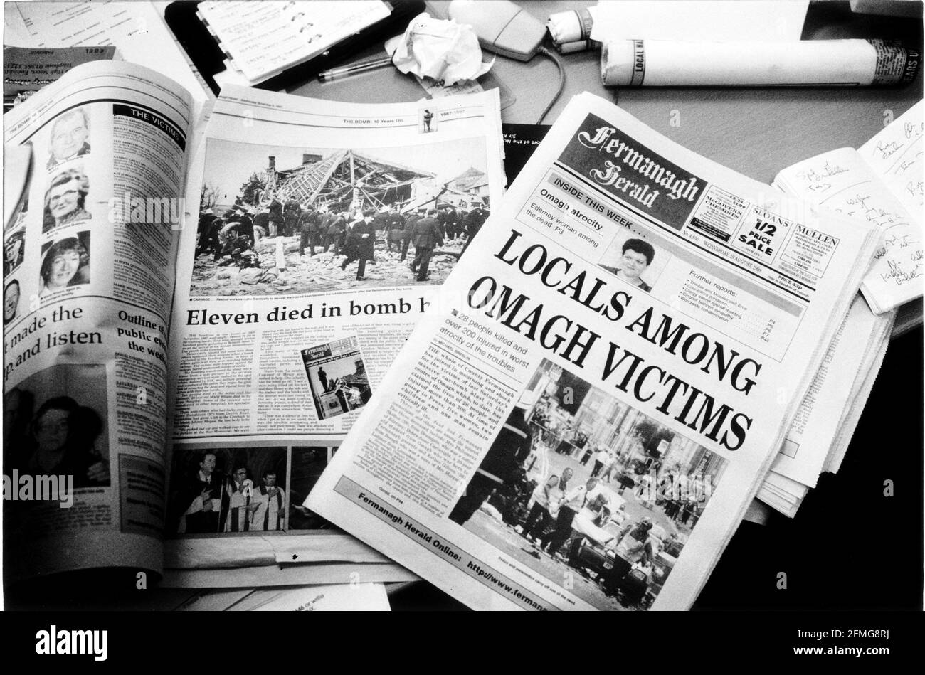 Local papers in Enniskillen reporting the bomb August 1998 blast which killed 11 people in 1987 and the 1998 Omagh bomb blast which killed 28 people Stock Photo