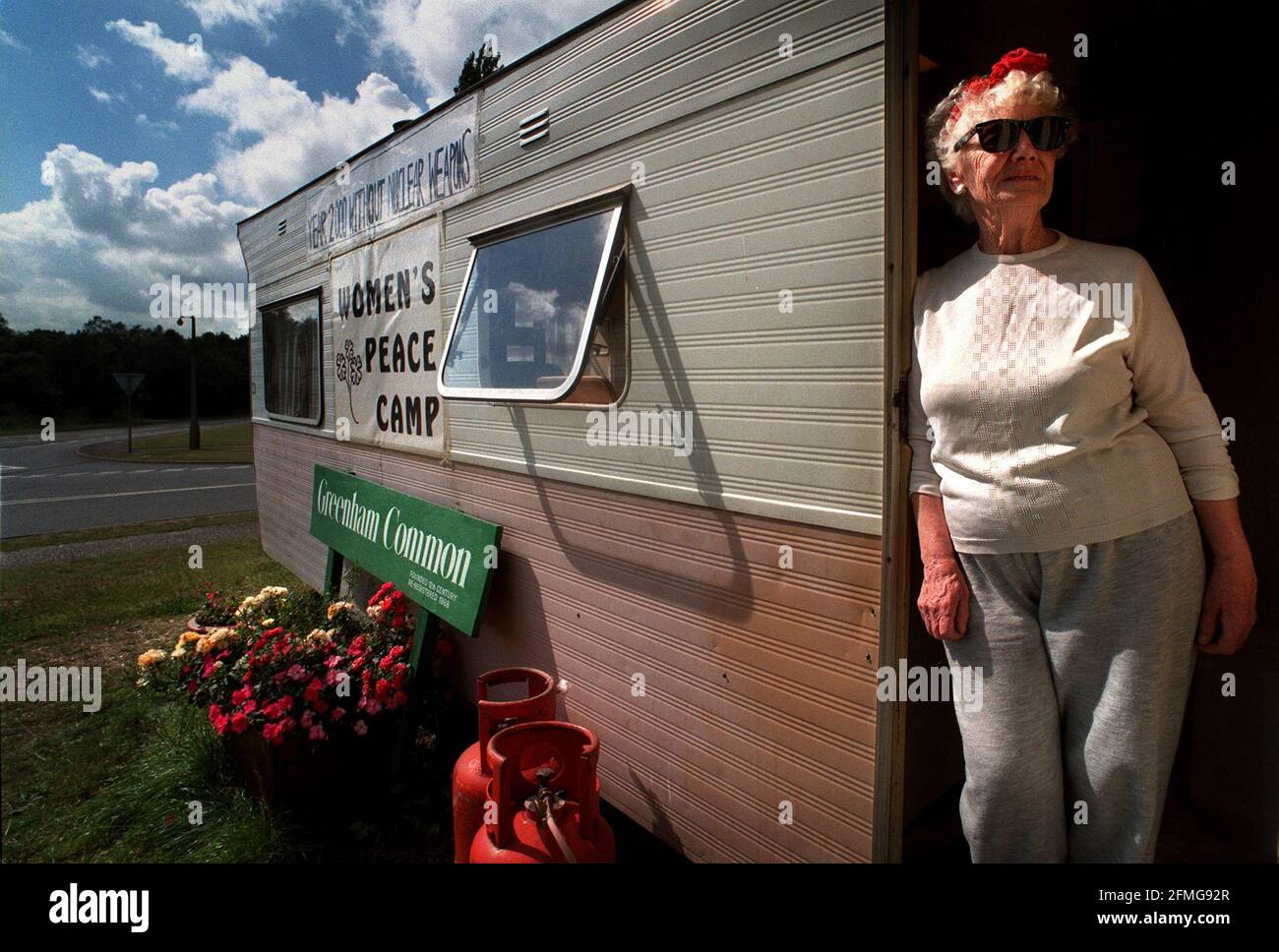 Peggy Walford in her caravan at the Greenham Common Women's Peace Camp Stock Photo