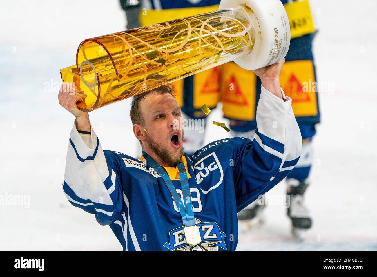 Justin Abdelkader # 89 (EV Zug) with the trophy during the National League Playoff Final ice hockey game 3 between EV Zug and Geneve-Servette HC on May 7th, 2021 in the Bossard