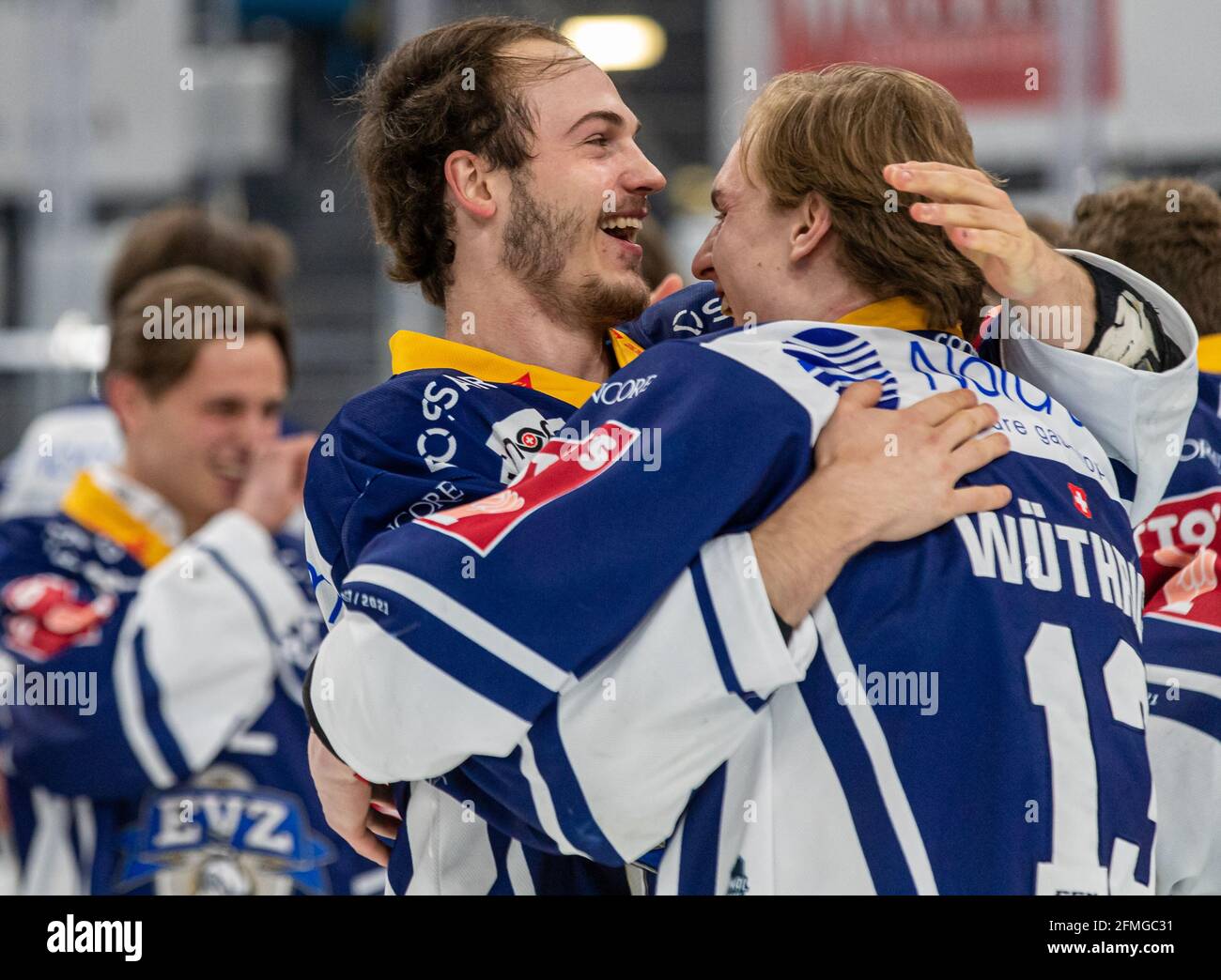 Nico Gross # 66 (EV Zug) celebrates with Dario Wuethrich # 13 (EV Zug) during the National League Playoff Final ice hockey game 3 between EV Zug and Geneve-Servette HC on May
