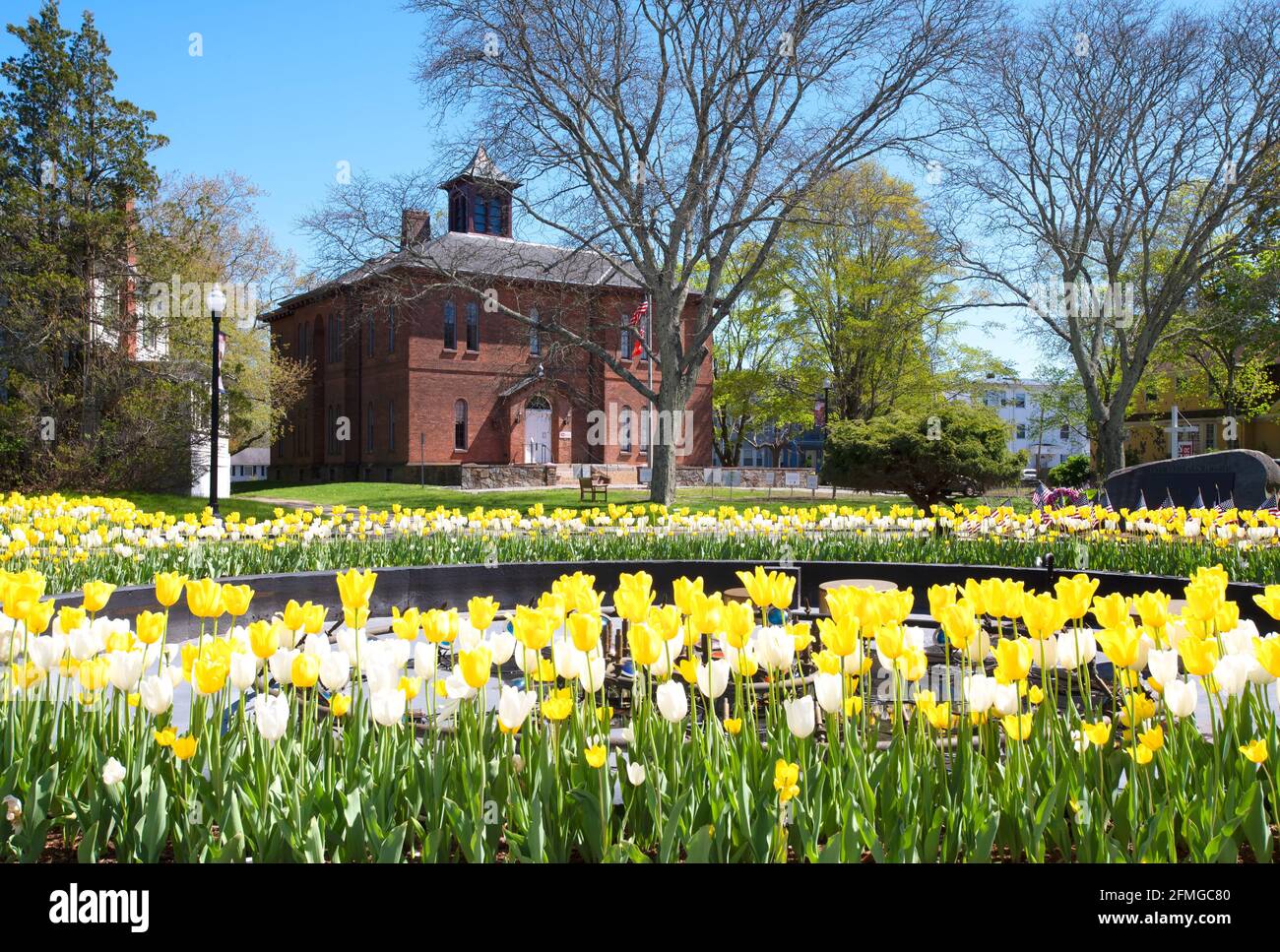 The Old Colony Historical Society in Taunton, Massachusetts as seen over various war memorials Stock Photo