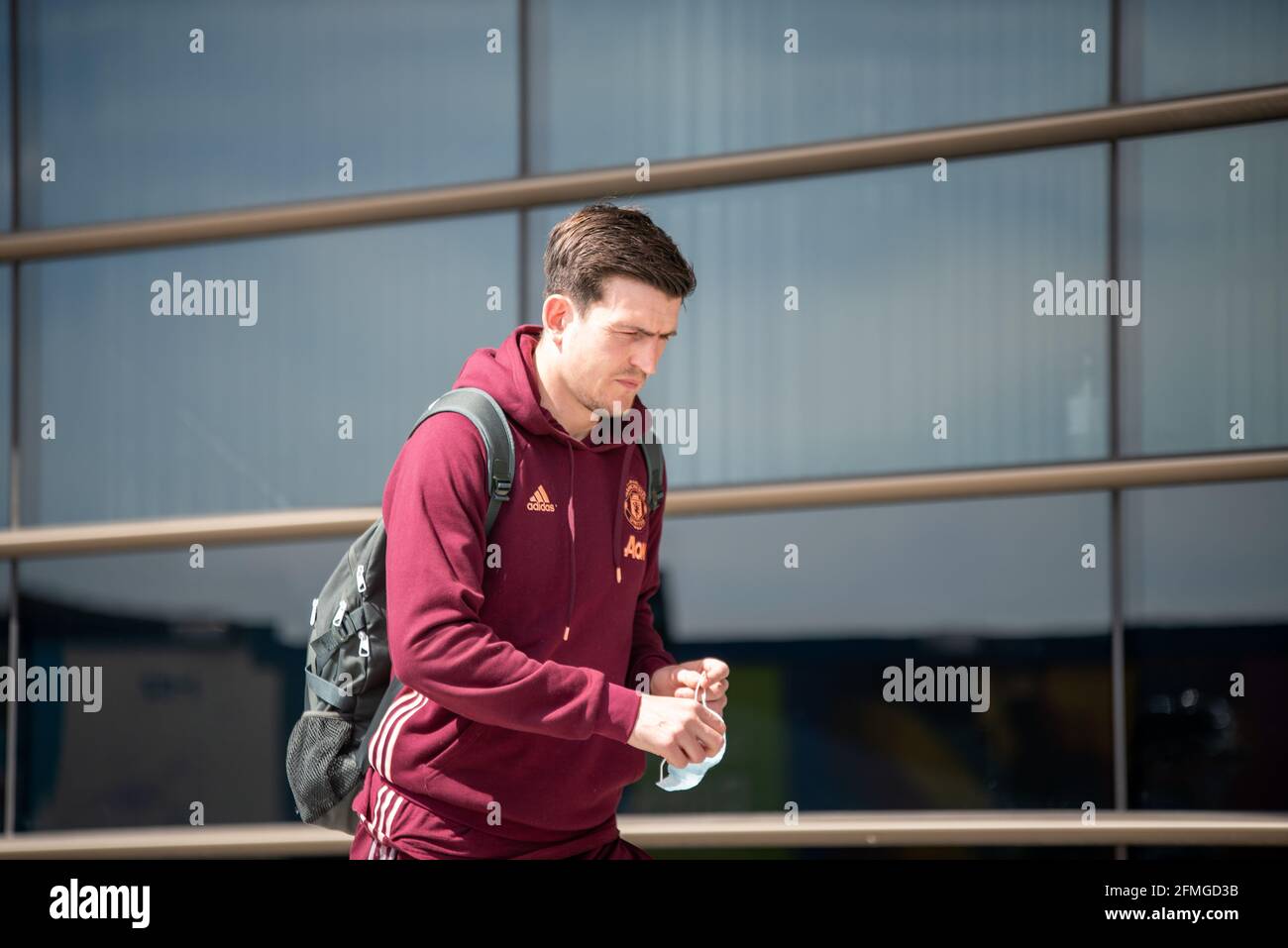 Birmingham, UK. 9th May, 2021. Harry Maguire is seen here leaving a hotel before a Sunday match against Aston Villa. He was forced to leave the pitch after injuries. Credit: Ryan Underwood/Alamy Live News Stock Photo