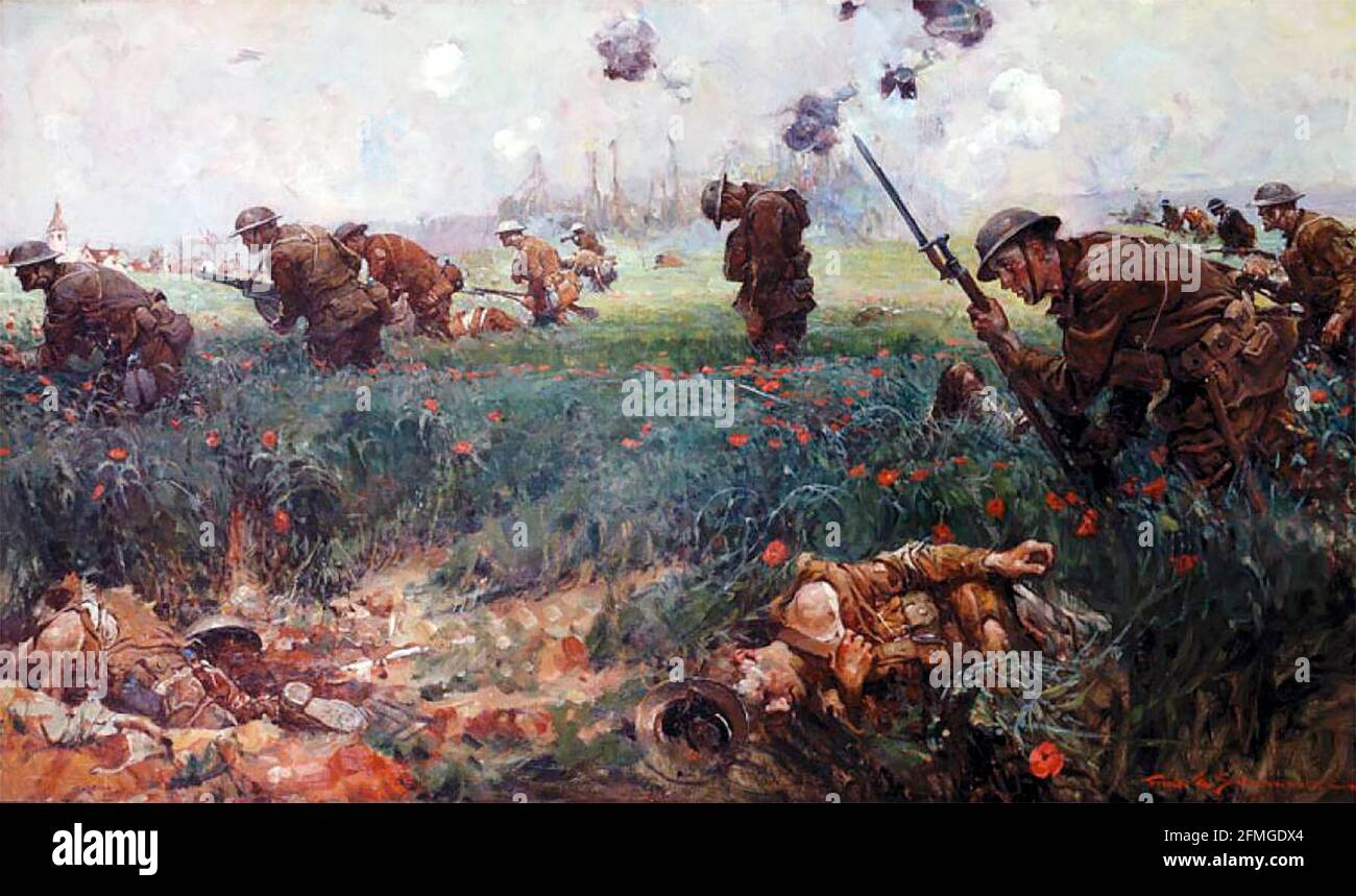 This battle scene was painted in 1919 by artist Frank Schoonover of the Battle of Belleau Wood Stock Photo