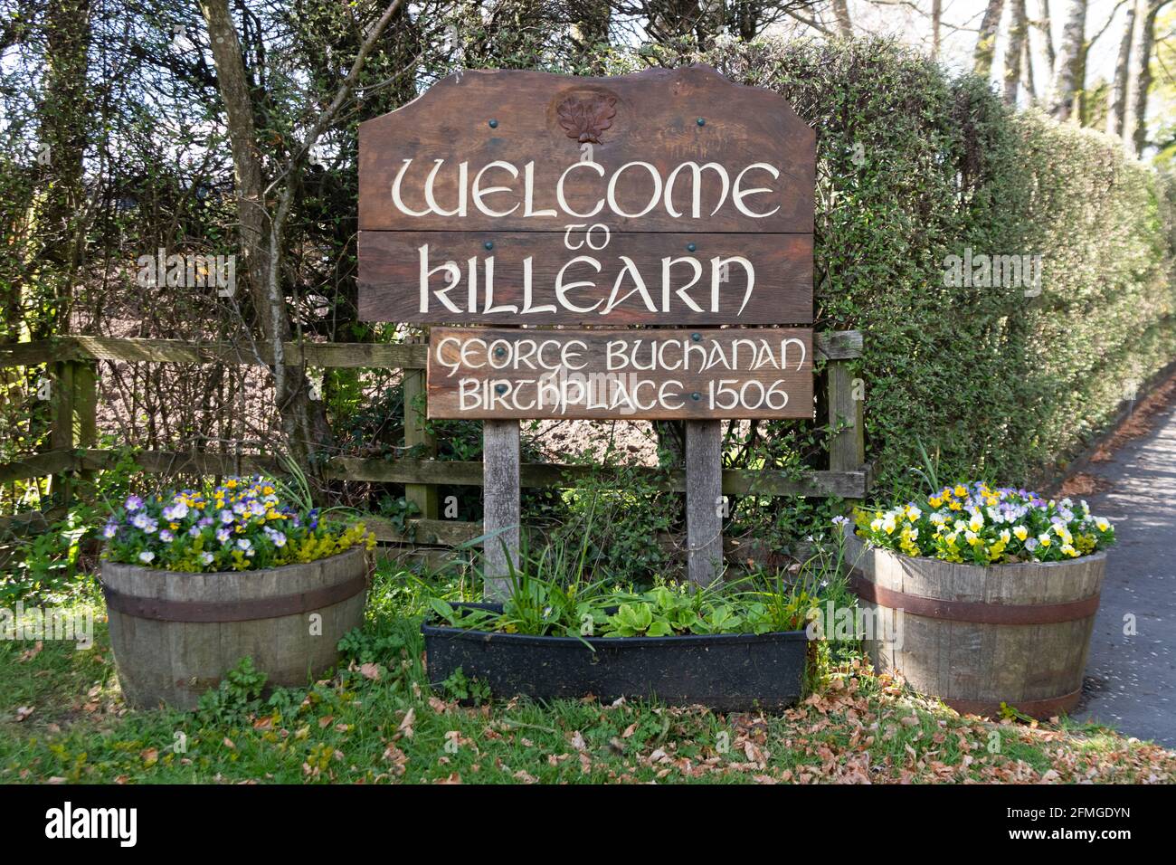 Welcome to Killearn sign, birthplace of George Buchanan - Killearn, Stirling, Scotland, UK Stock Photo