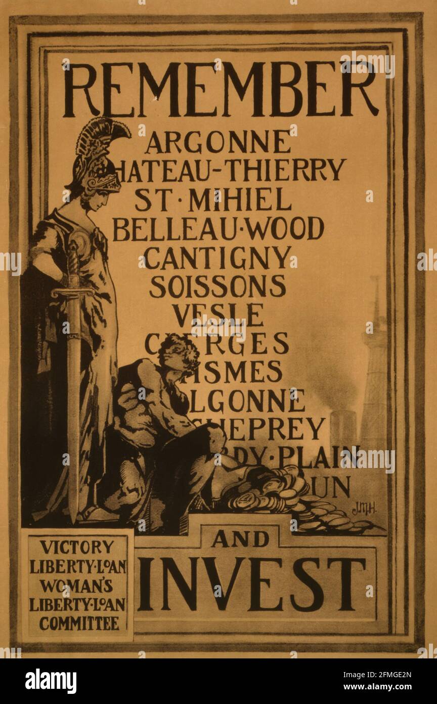 Remember and invest Victory Liberty Loan, Woman's Liberty Loan Committee - Poster showing a figure presenting a sack of large coins to a helmeted female figure bearing a sword - World War I Stock Photo