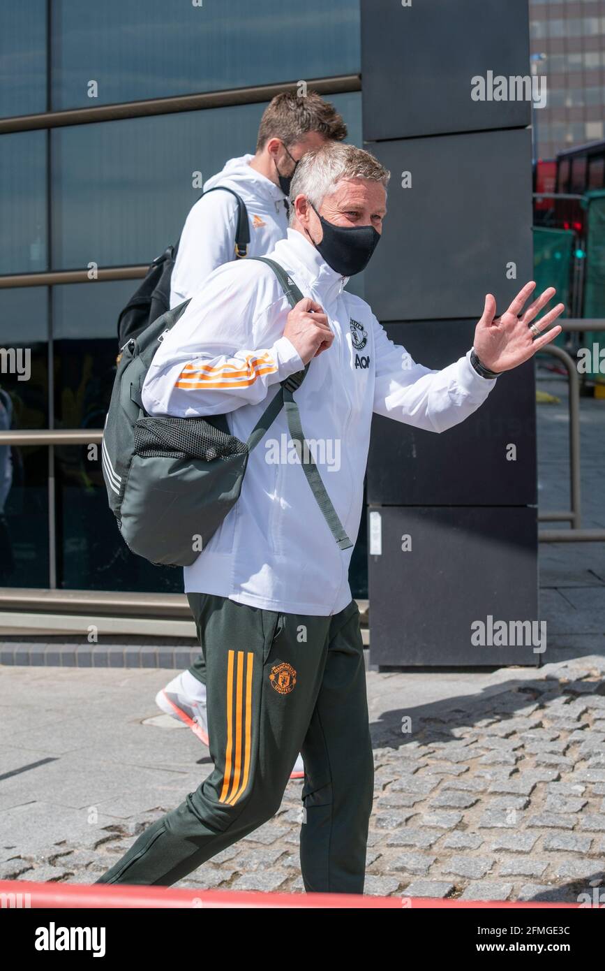 Birmingham, UK. 9th May, 2021. Manchester United manager Ole Gunnar Solskjær is spotted leaving Clayton Hotel in Birmingham around midday before a match against Aston Villa. Credit: Ryan Underwood/Alamy Live News Stock Photo