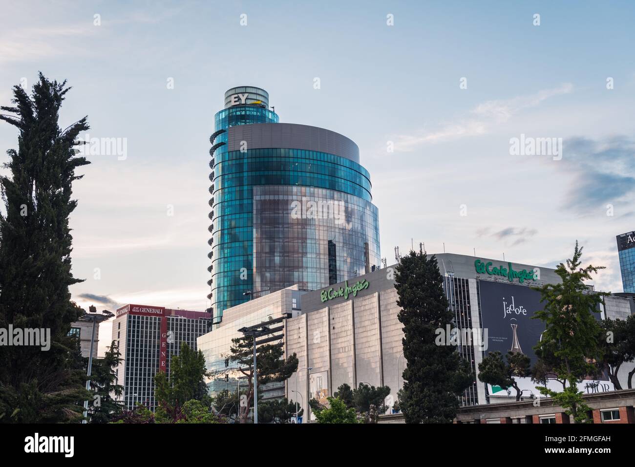 MADRID - MAY 2, 2021: Wide-angle view of AZCA business and financial district in Madrid at dusk as seen from the grounds of Nuevos Ministerios, Spain. Stock Photo