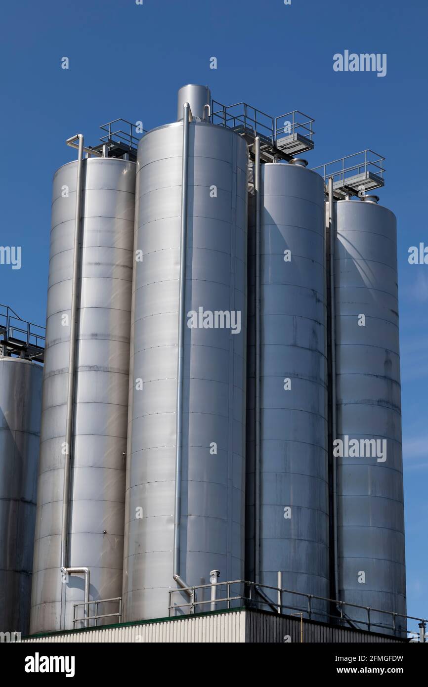 Industrial stainless steel storage tanks. Ontario Canada Stock Photo