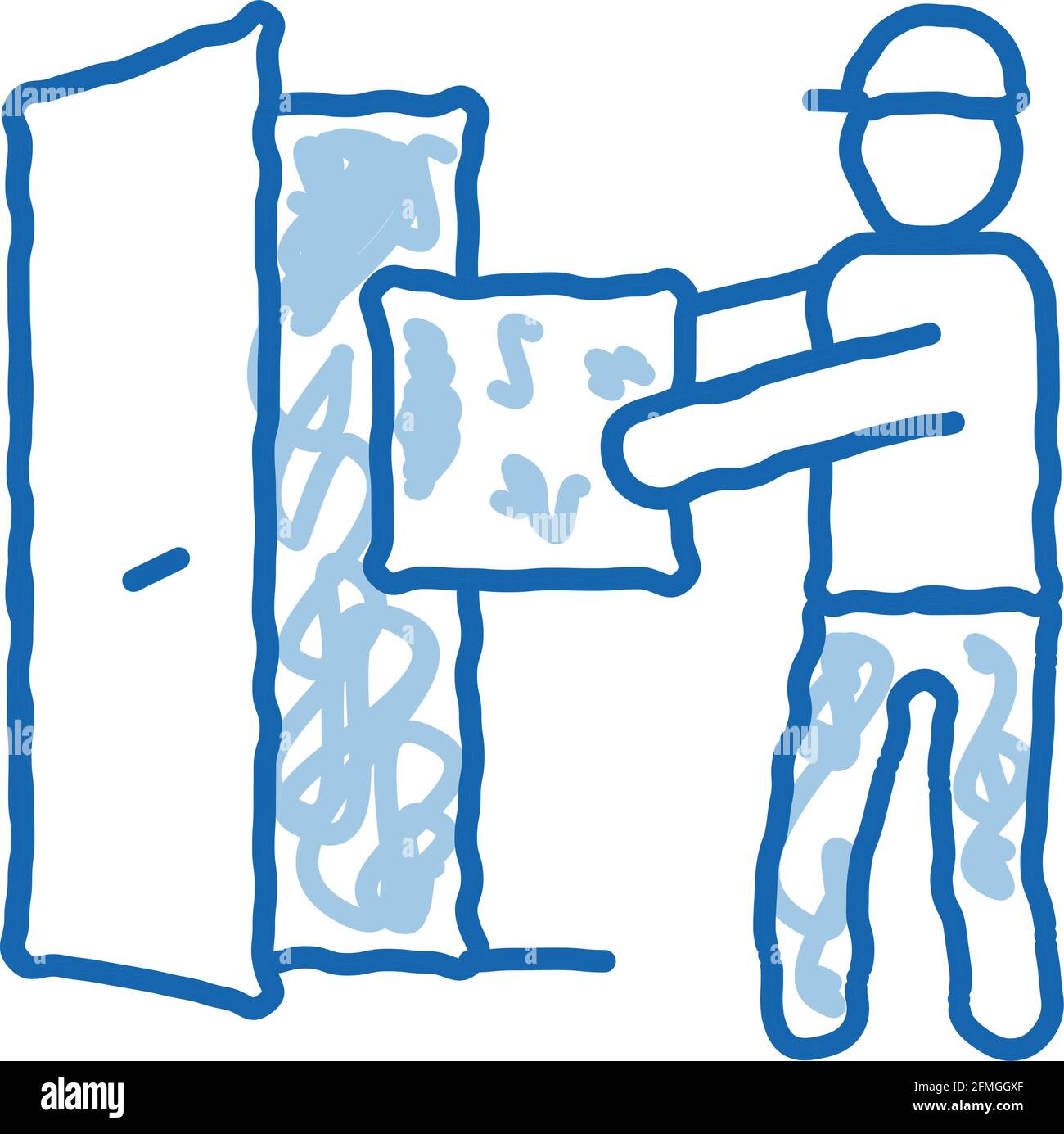 Courier with Box Enters Door doodle icon hand drawn illustration Stock ...