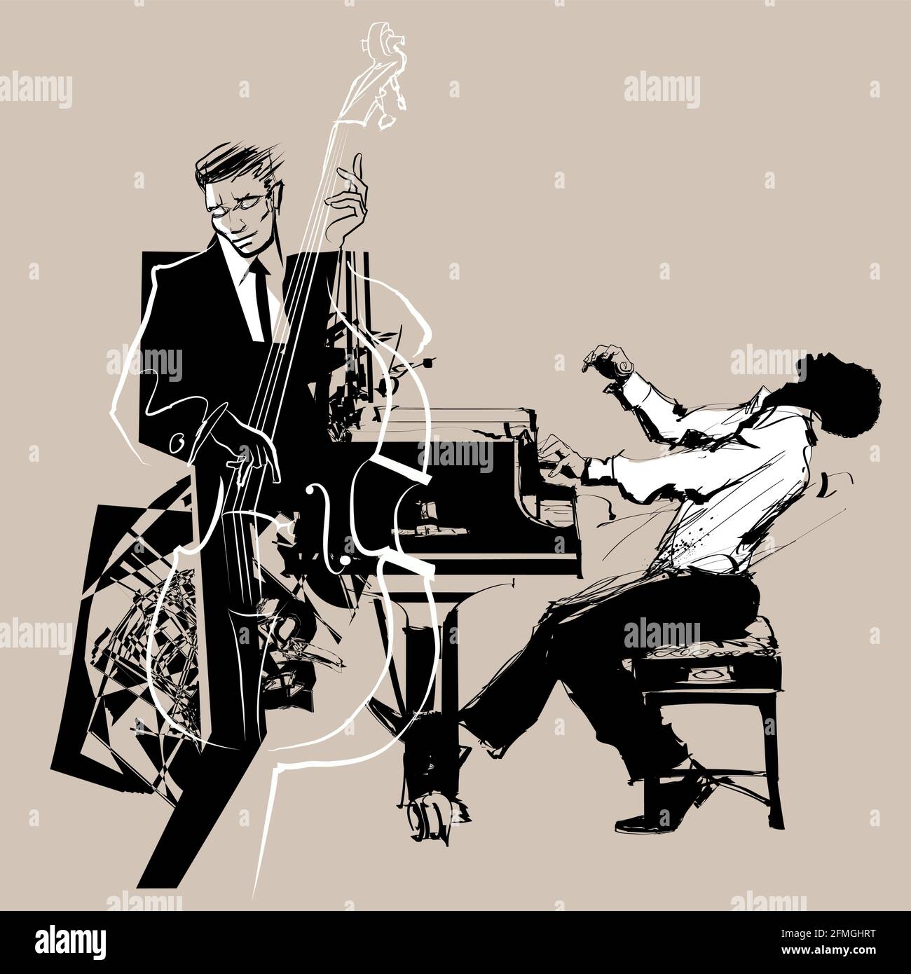 Double bass and piano player. Jazz or classic musicians. - vector illustration Stock Vector