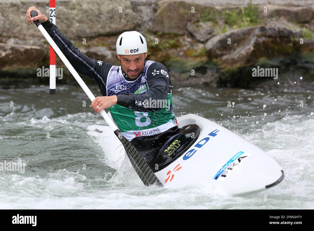 Ivrea, Italy. 09th May, 2021. Reigning Olympic Champion Denis GARGAUD CHANUT of France wins the Canoe Slalom C1 Men of the European Championships in Ivrea, Italy. However he will not be selected to the upcoming Tokyo 2020 Olympic Games as the French trials already occured and he had not placed first there Credit: Mickael Chavet/Alamy Live News Stock Photo