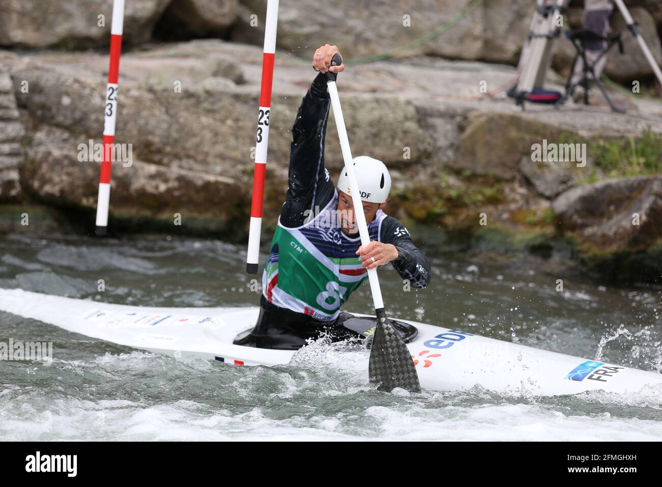 Ivrea, Italy. 09th May, 2021. Reigning Olympic Champion Denis GARGAUD CHANUT of France wins the Canoe Slalom C1 Men of the European Championships in Ivrea, Italy. However he will not be selected to the upcoming Tokyo 2020 Olympic Games as the French trials already occured and he had not placed first there Credit: Mickael Chavet/Alamy Live News Stock Photo