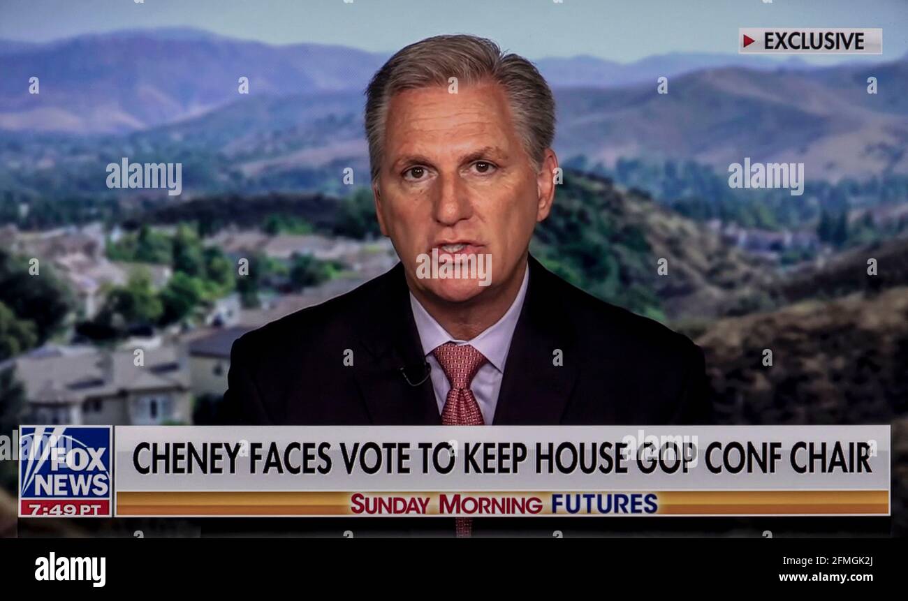 May 09, 2021, New York, New York, USA - Representative KEVIN MCCARTHY (R-CA) speaks with Maria Bartiromo, host of 'Sunday Morning Futures.' McCarthy, the ranking Republican in the House of Representatives, is leading the charge to oust Representative Liz Cheney (R-WY) from her leadership position for saying that the 2020 presidential election was not, in fact, stolen as claimed by former president Donald Trump and his cult of personality adherents now dominating the Republican Party.(Credit Image: © Fox News/Sunday Morning Futures/ZUMA Wire) Stock Photo