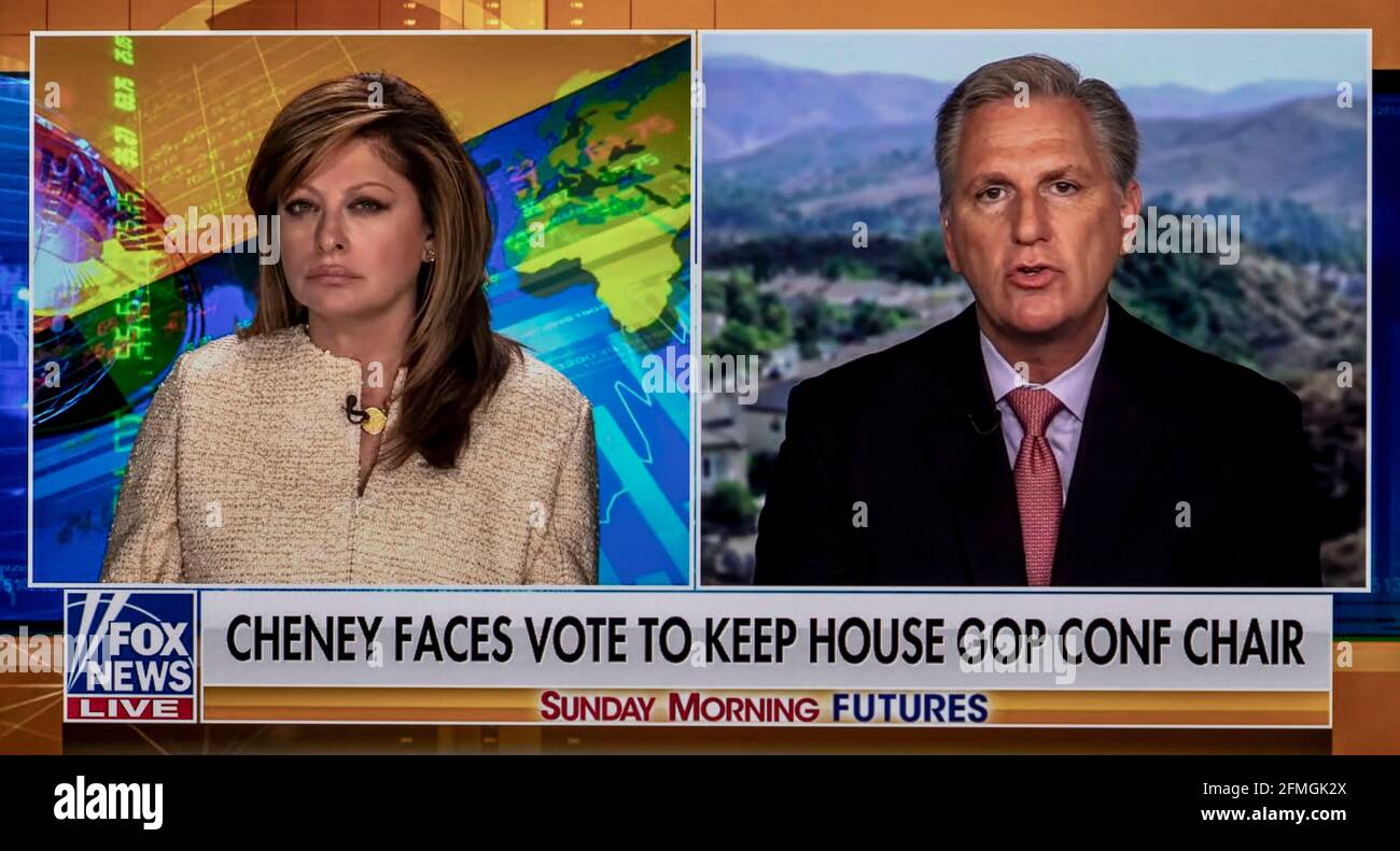 May 09, 2021, New York, New York, USA - Representative KEVIN MCCARTHY (R-CA) speaks with MARIA BARTIROMO, host of 'Sunday Morning Futures.' McCarthy, the ranking Republican in the House of Representatives, is leading the charge to oust Representative Liz Cheney (R-WY) from her leadership position for saying that the 2020 presidential election was not, in fact, stolen as claimed by former president Donald Trump and his cult of personality adherents now dominating the Republican Party.(Credit Image: © Fox News/Sunday Morning Futures/ZUMA Wire) Stock Photo