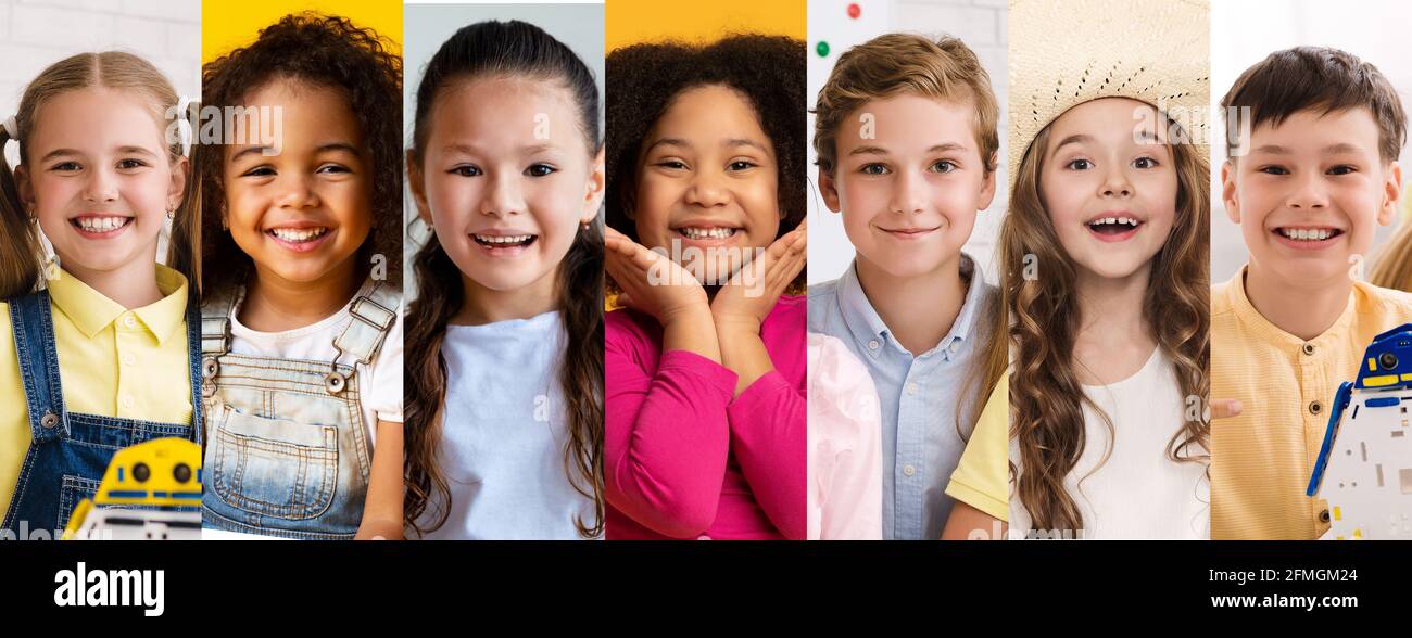 Portraits Collage Of Diverse Kids Over Different Backgrounds Stock Photo