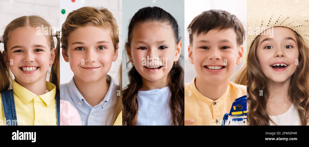 Cheerful Little Boys And Girls Headshots Collection, Panorama Stock Photo