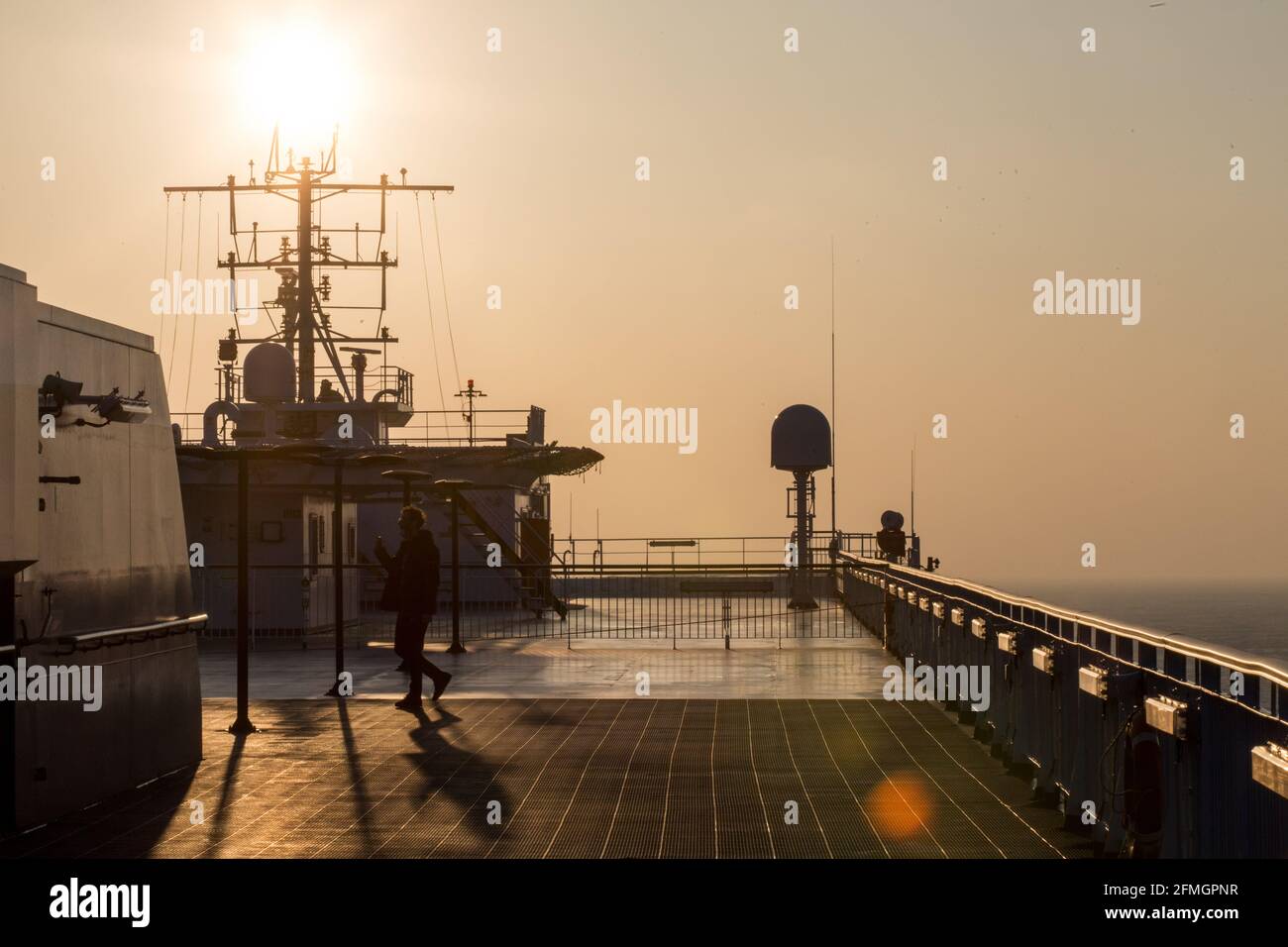 Cherbourg En Cotentin, France. 28th Feb, 2021. Ferry mast and navigation radar seen on the sundeck of Stena Estrid ferry.Cherbourg Ferry port serves as a gateway to the region of Normandy, to Paris and onwards to Belgium, Holland and Germany. Credit: SOPA Images Limited/Alamy Live News Stock Photo