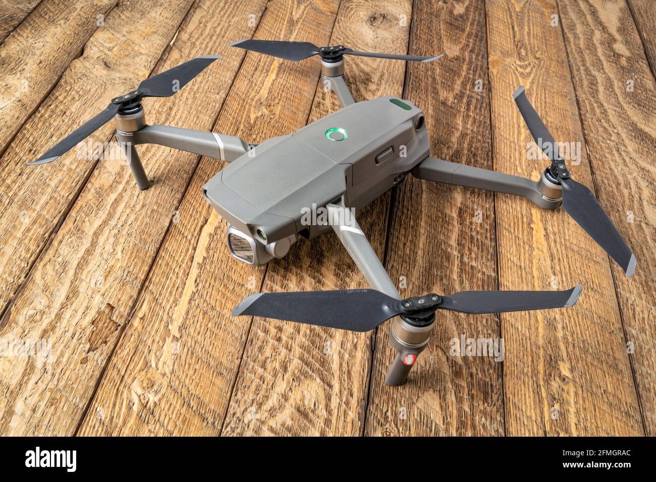Fort Collins, CO, USA - July 31, 2020: DJI Mavic 2 pro against rustic wood - an andvanced prosumer folding drone. Stock Photo