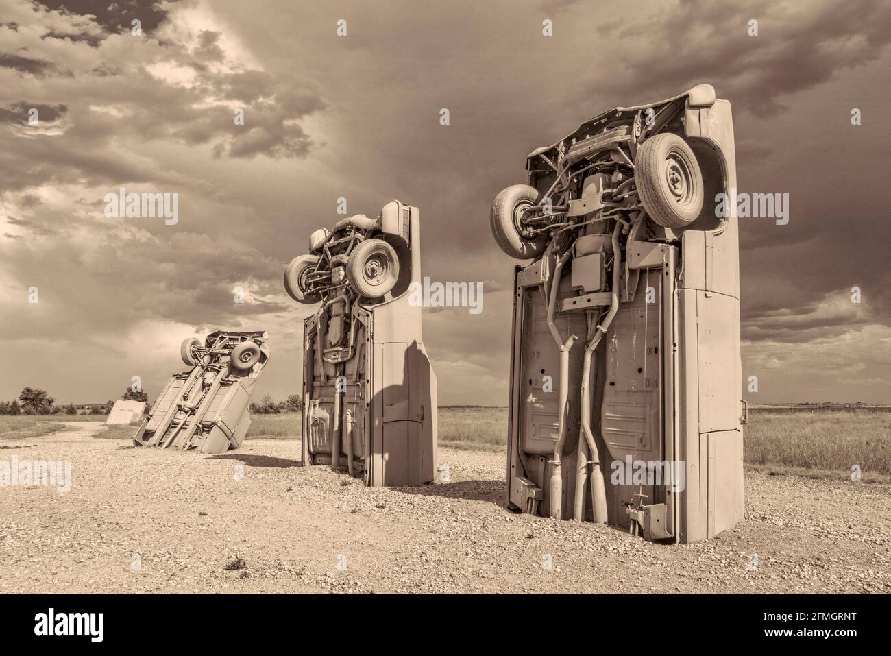 ALLIANCE, NE, USA - July 9, 2017:  Carhenge - famous car sculpture  created by Jim Reinders, a modern replica of  England's Stonehenge using old cars. Stock Photo