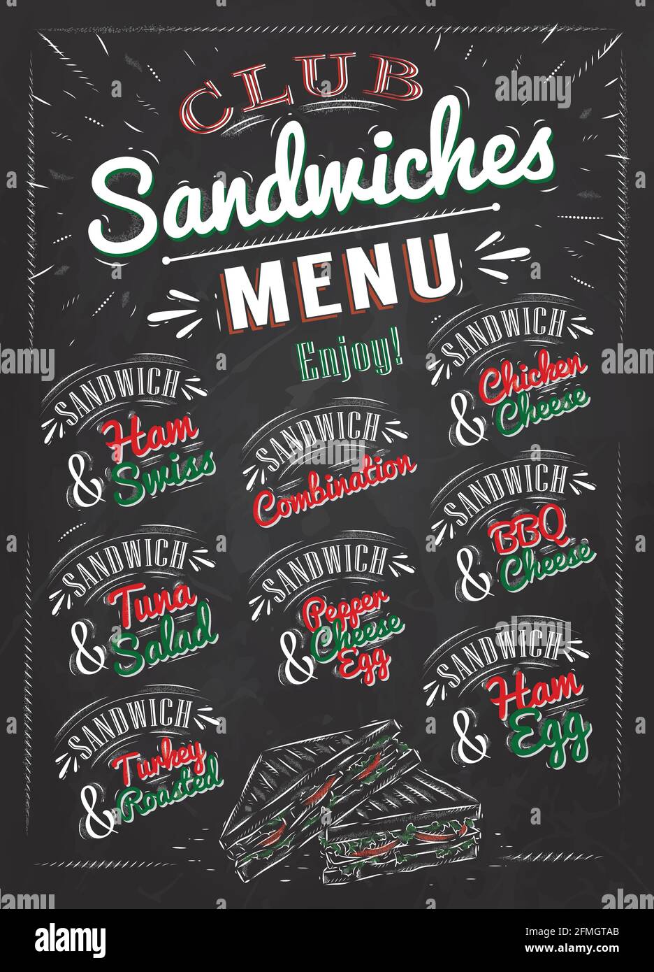 Sandwiches menu the names of sandwiches , ham swiss, chicken cheese, tuna salad, bbq cheese, ham egg, pepper cheese eeg, turkry roasted design a menu Stock Vector