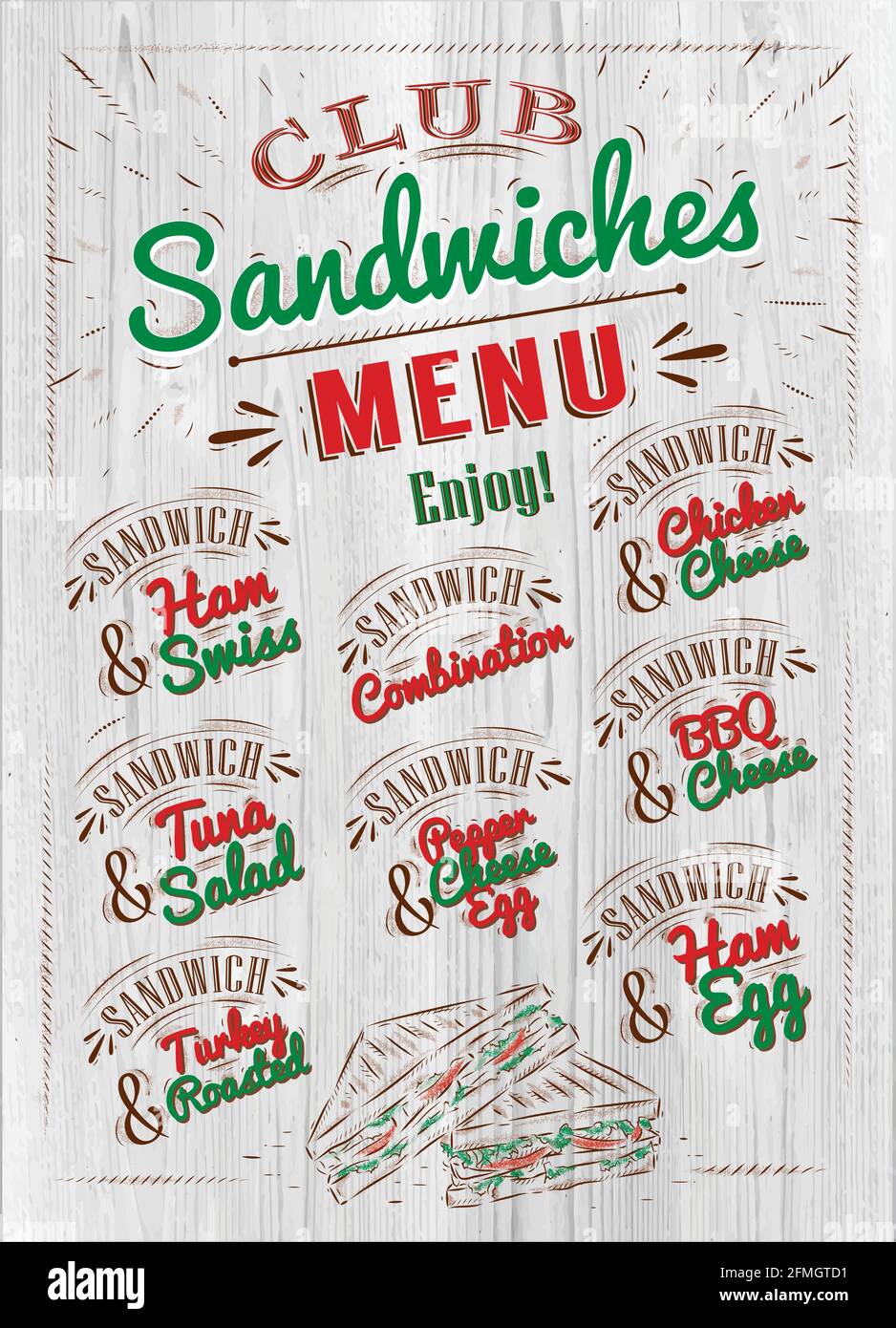 Sandwiches menu the names of sandwiches , ham swiss, chicken cheese, tuna salad, bbq cheese, ham egg, pepper cheese eeg, turkry roasted design a menu Stock Vector