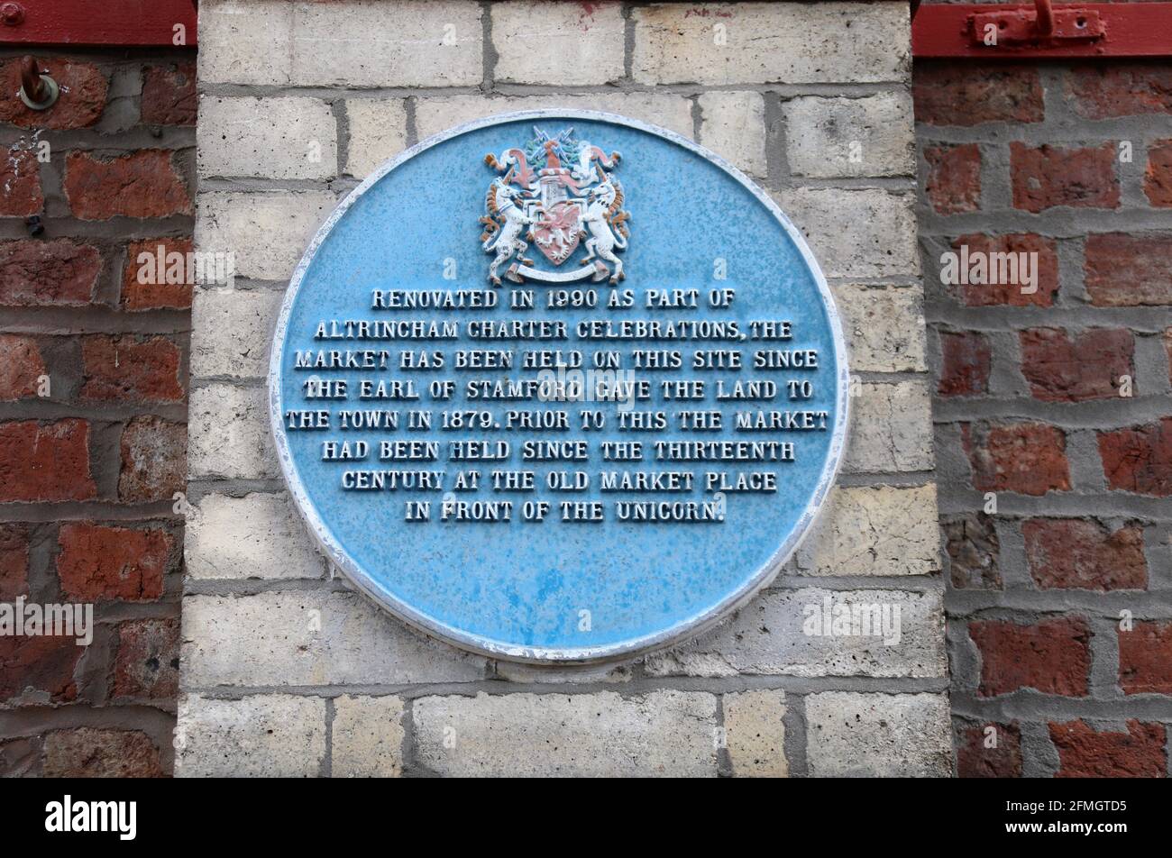 Blue plaque at Altrincham in Greater Manchester Stock Photo