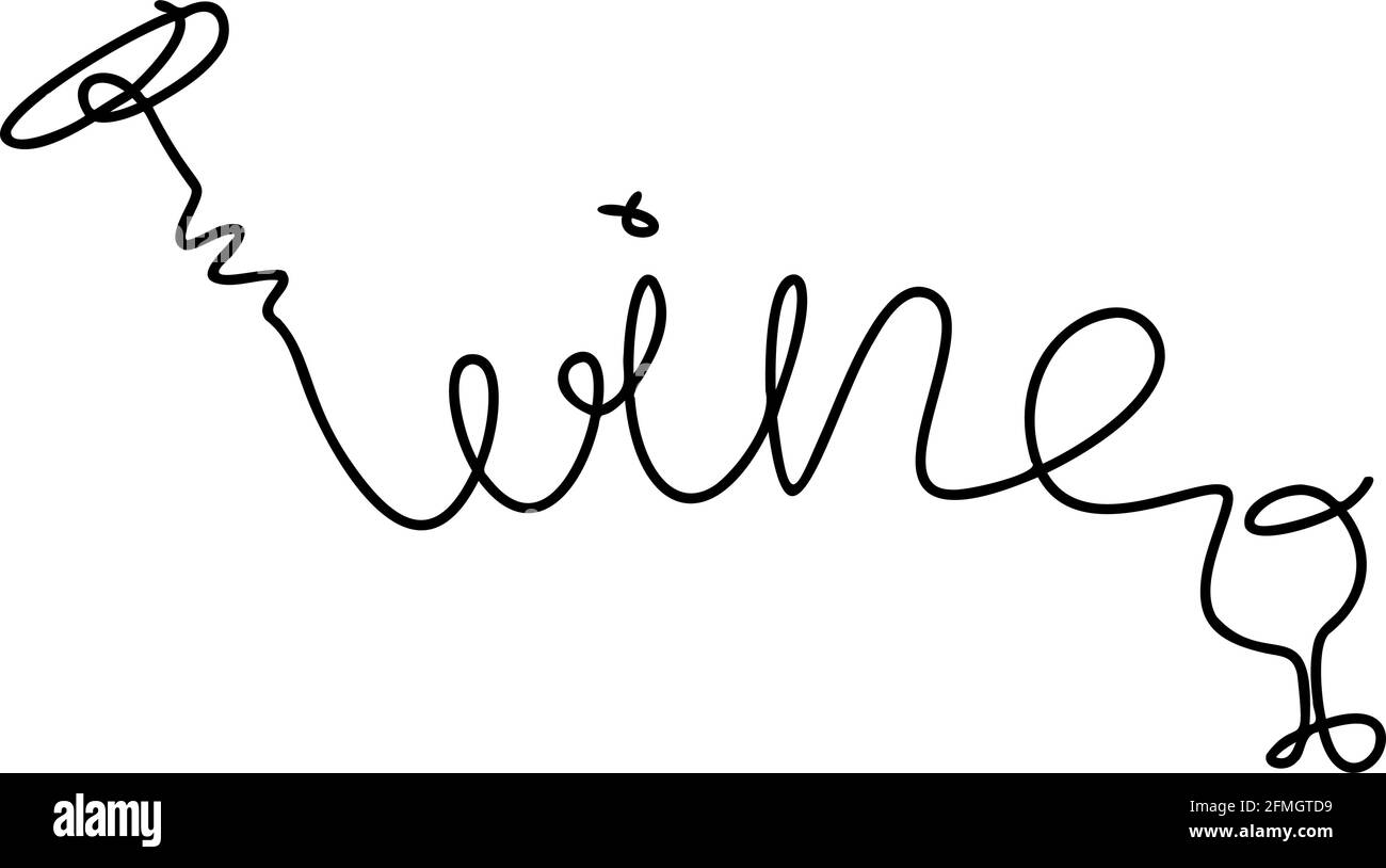 word Wine continuous doodle with corkscrew and glass oneline Stock Vector