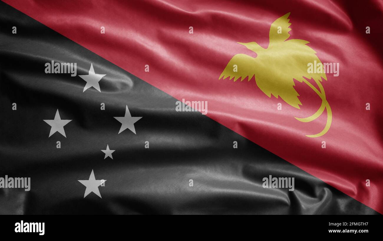 Papuan flag waving in the wind. Close up of Papua New Guinea banner blowing, soft and smooth silk. Cloth fabric texture ensign background. Use it for Stock Photo