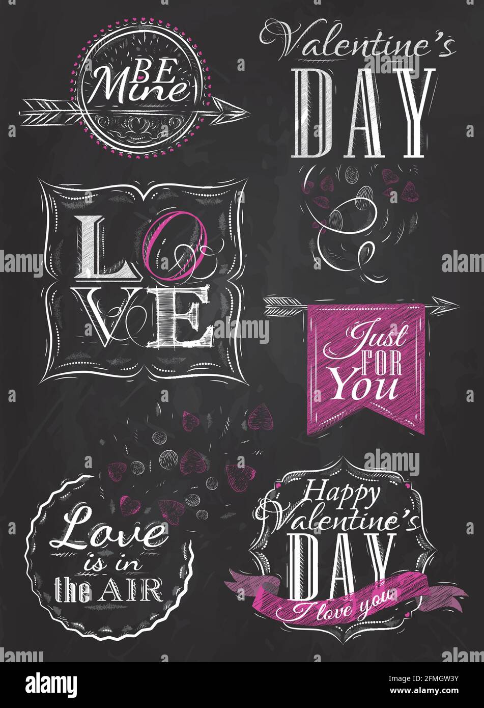 Valentine's Day and Love lettering collection of Valentine's Day from letters stylized for the drawing with chalk of pink on the blackboard. Stock Vector