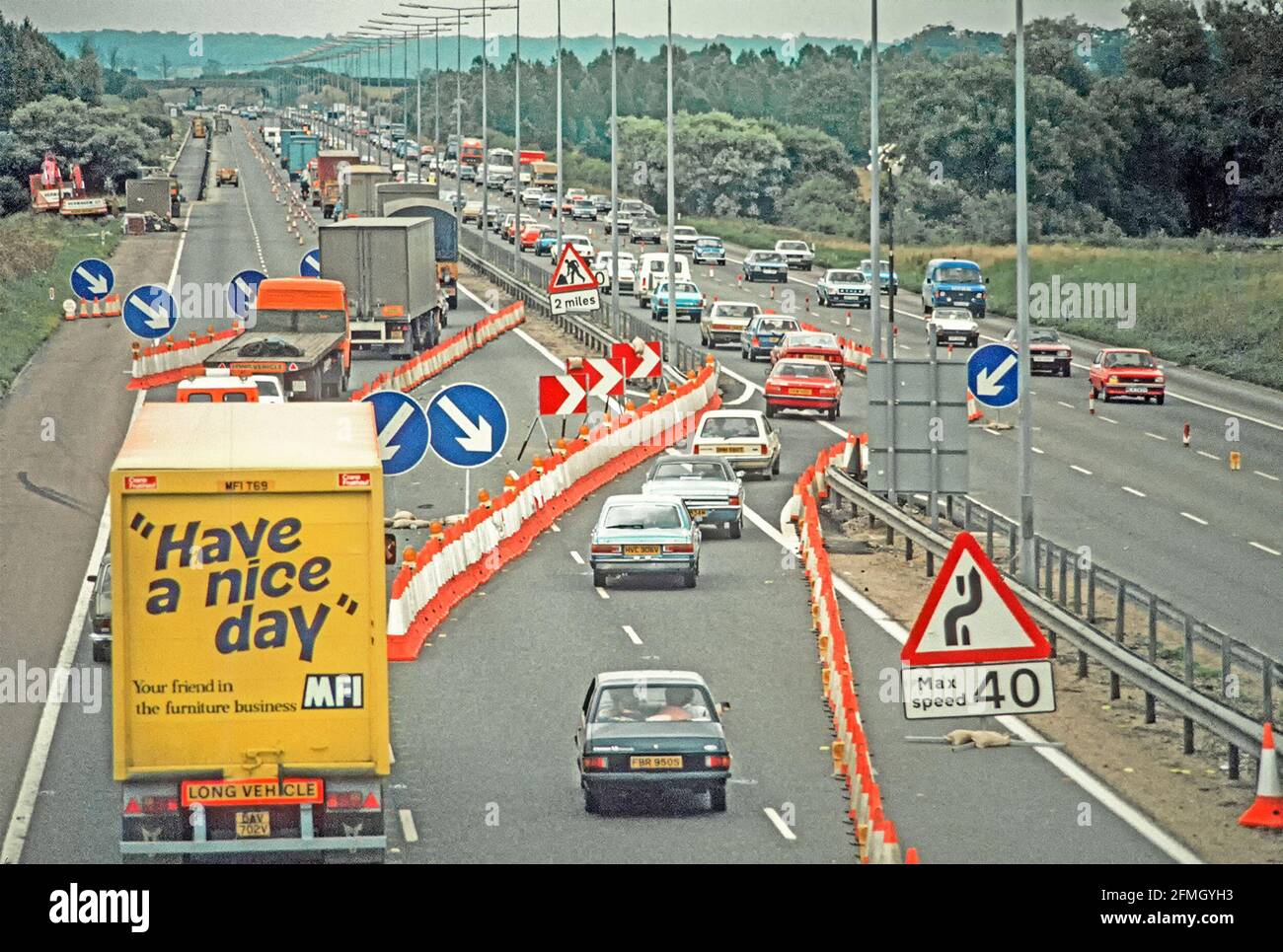 1981 archive transport landscape image looking down on 1980s lorries
