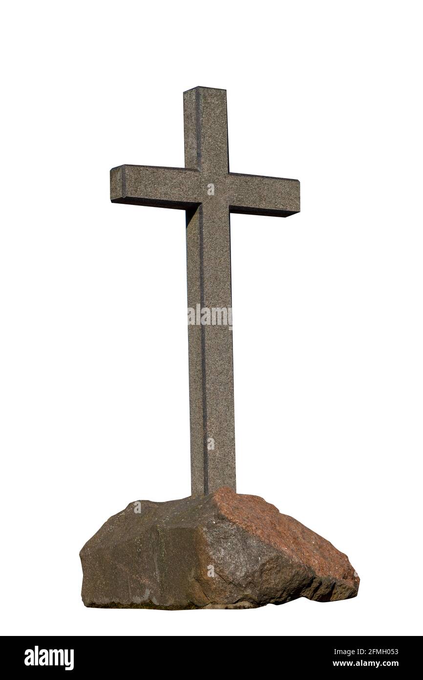 stone cross on a stone isolated on a white background. religious ...