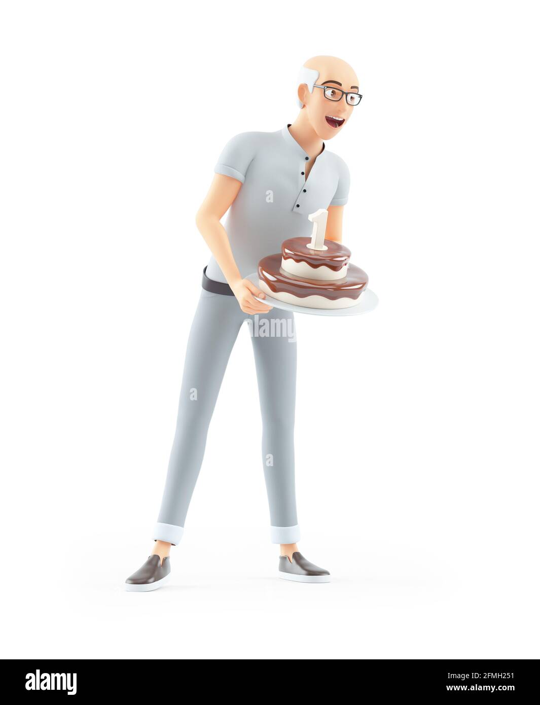3d senior man holding birthday cake, illustration isolated on white background Stock Photo