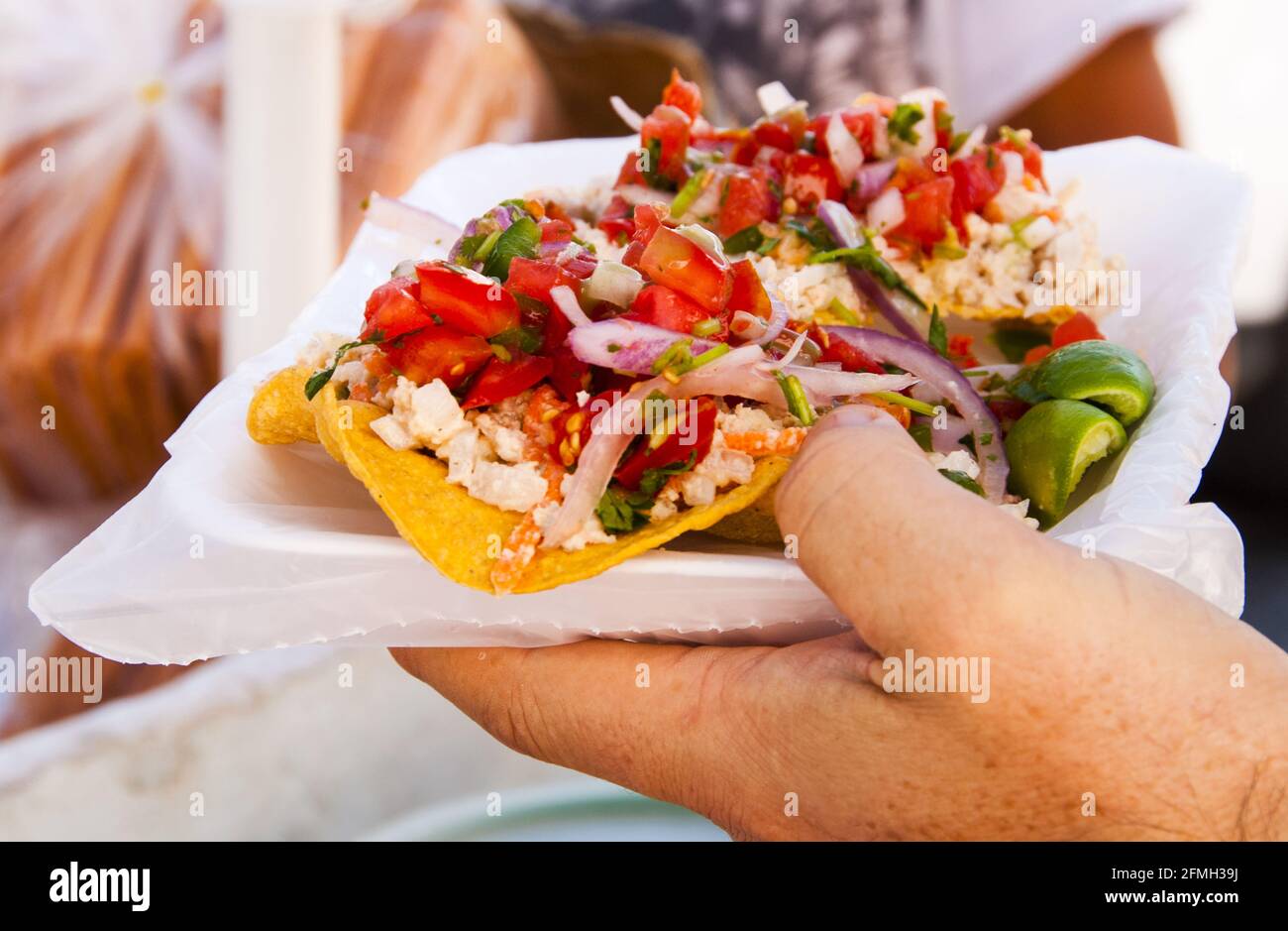 Close-up of hand holding taco purchased from street vendor in the Romantic Zone of Puerto Vallarta, Pacific coast of Mexico. #613PV Stock Photo