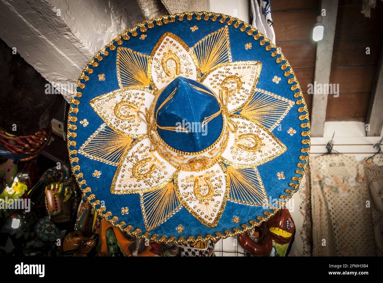 Traditional Mexican sombrero on display, Cuale River Island, vibrant marketplace near downtown and the Romantic Zone of Puerto Vallarta, Mexico.#613PV Stock Photo