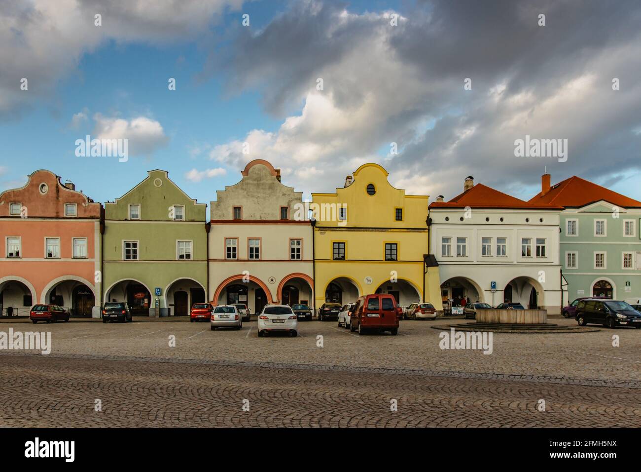 Nove Mesto nad Metuji, Czech republic - April 23, 2021.Historical centre of the town with charming Hus Square,colorful houses and famous Castle. Stock Photo