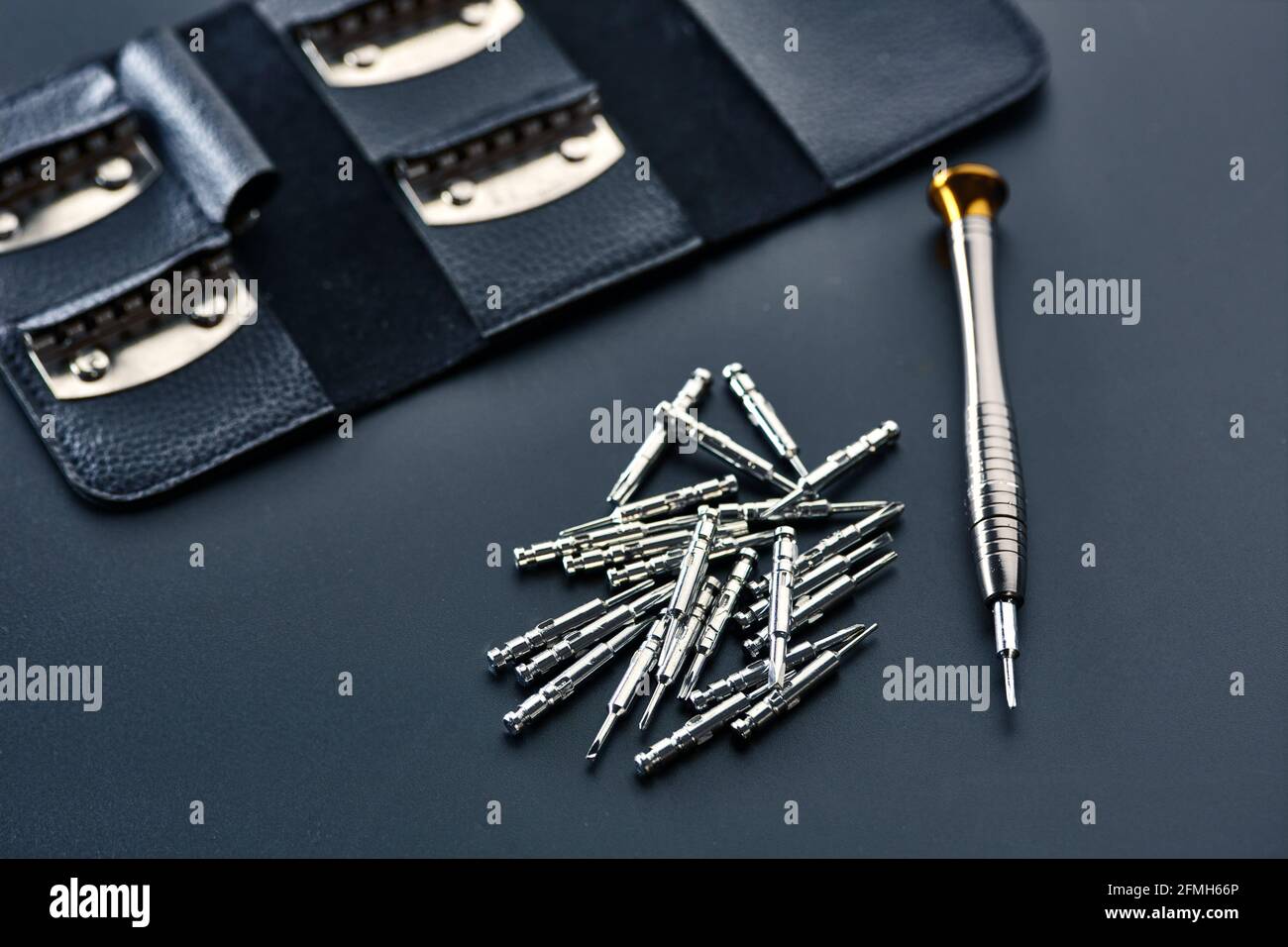 Screwdriver and set of replaceable bits, closeup Stock Photo