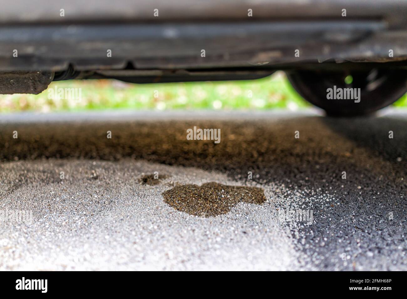 Parked car in driveway with macro closeup of vehicle leaking fuel on cat litter to prevent damaging pavement and to absorb the gas Stock Photo